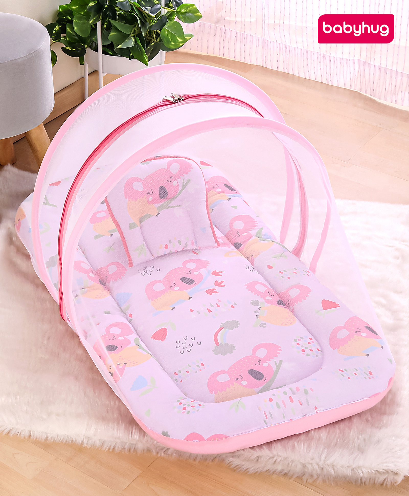 Babyhug Cotton Mattress Set with Mosquito Net Koala Print - Lilac