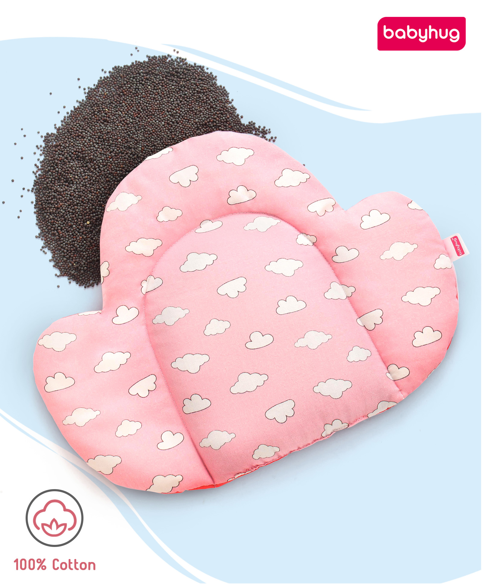 Babyhug Cloud Shaped Head Shaping Mustard Seed Pillow Cloud Print- Pink-image-35