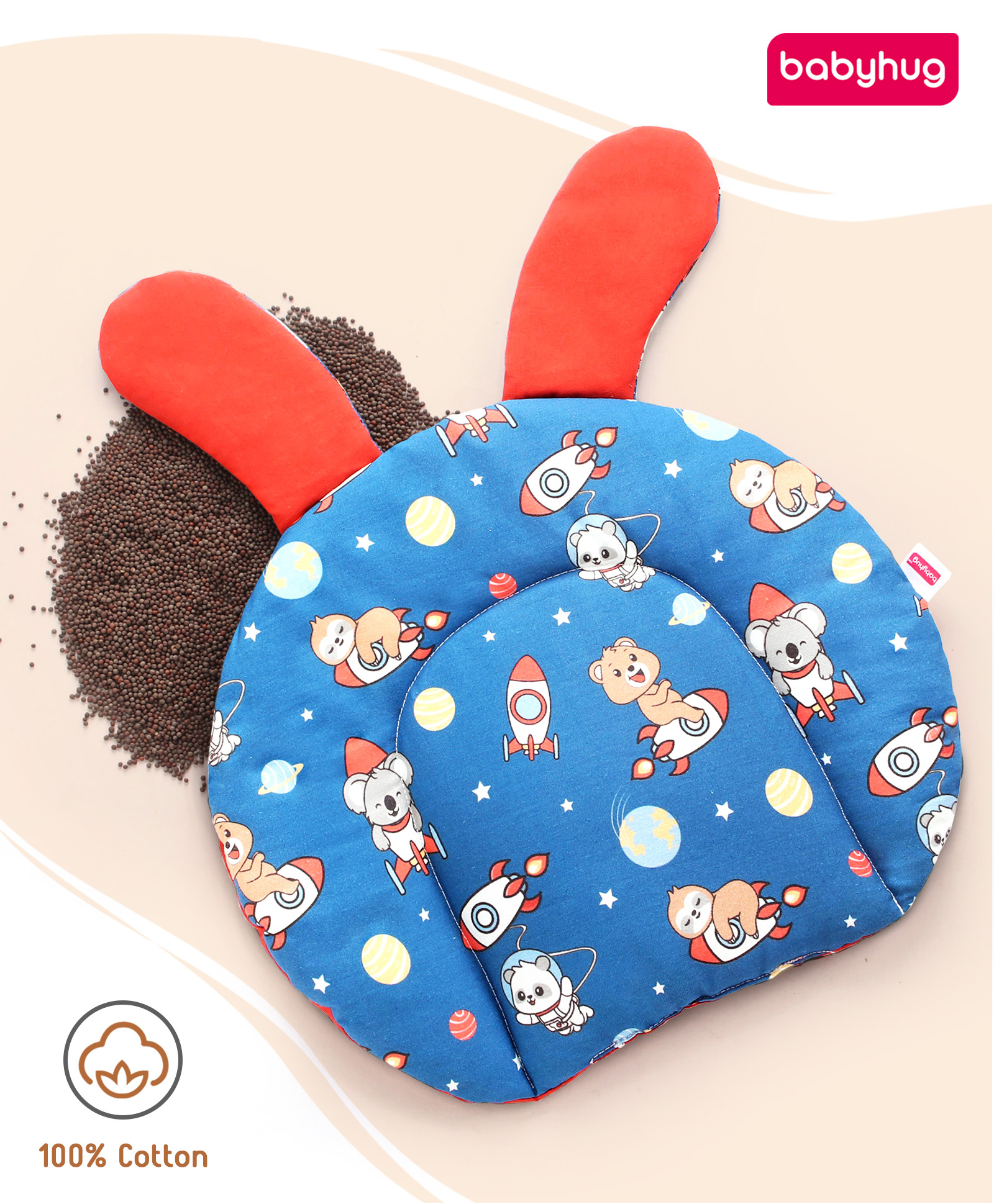 Babyhug Bunny Shaped Head Shaping Mustard Seed Pillow Astronaut Print- Blue