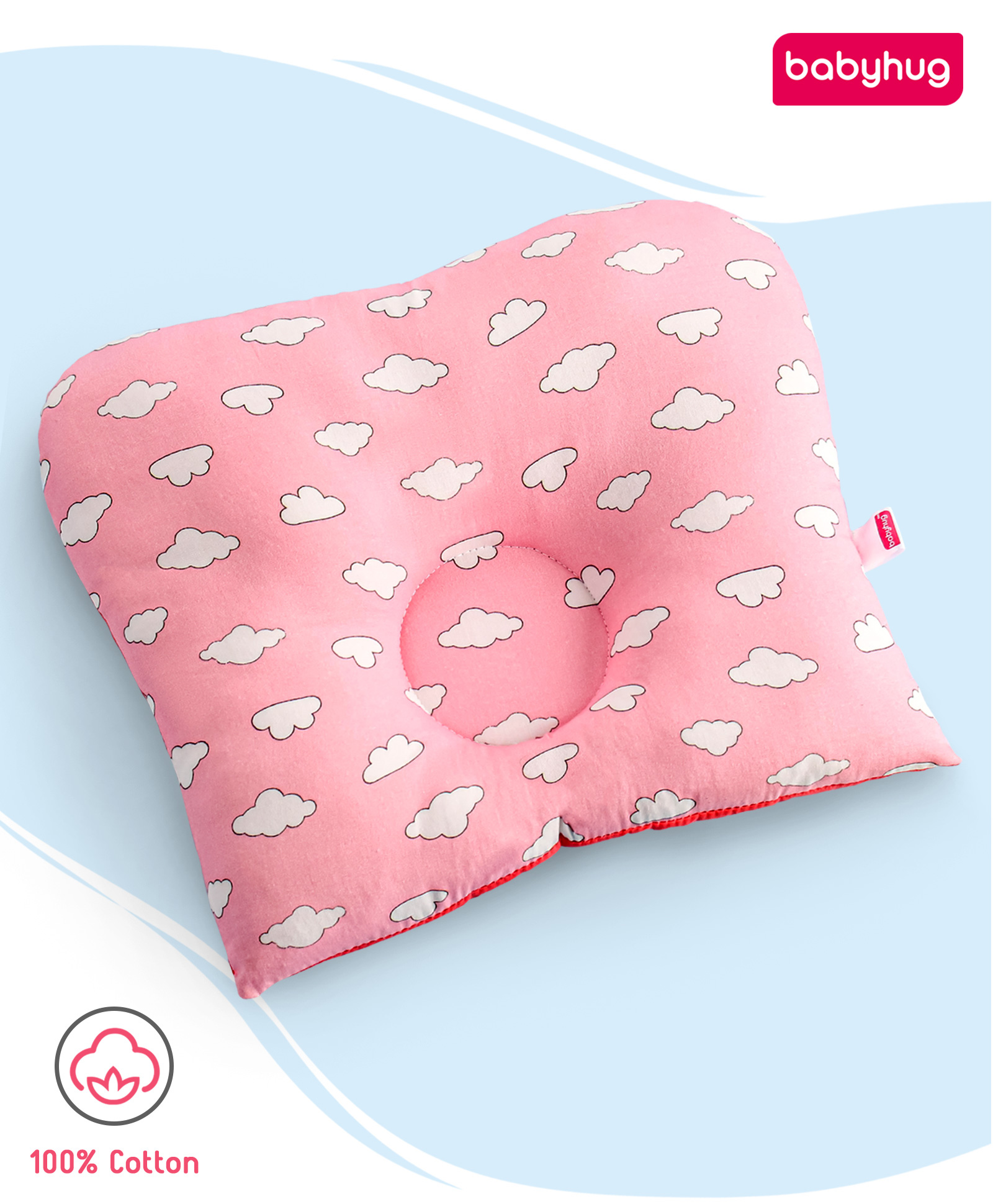 Babyhug Rectangular Head Shaping Neck Pillow Cloud Print- Pink-image-36