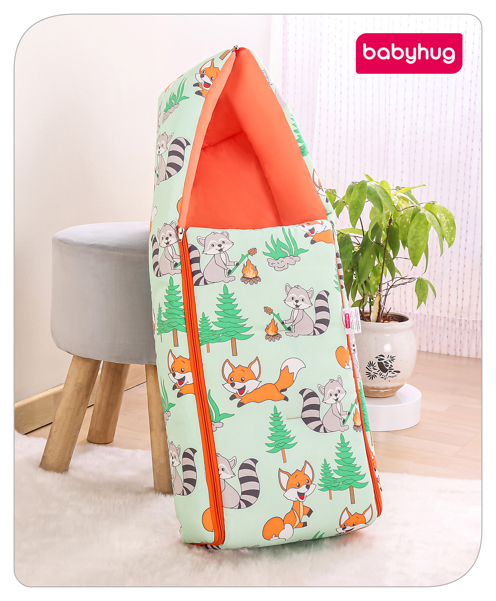 Babyhug Cotton Sleeping Bag Cum Carry Nest Fox Print- Pista Green-image-28
