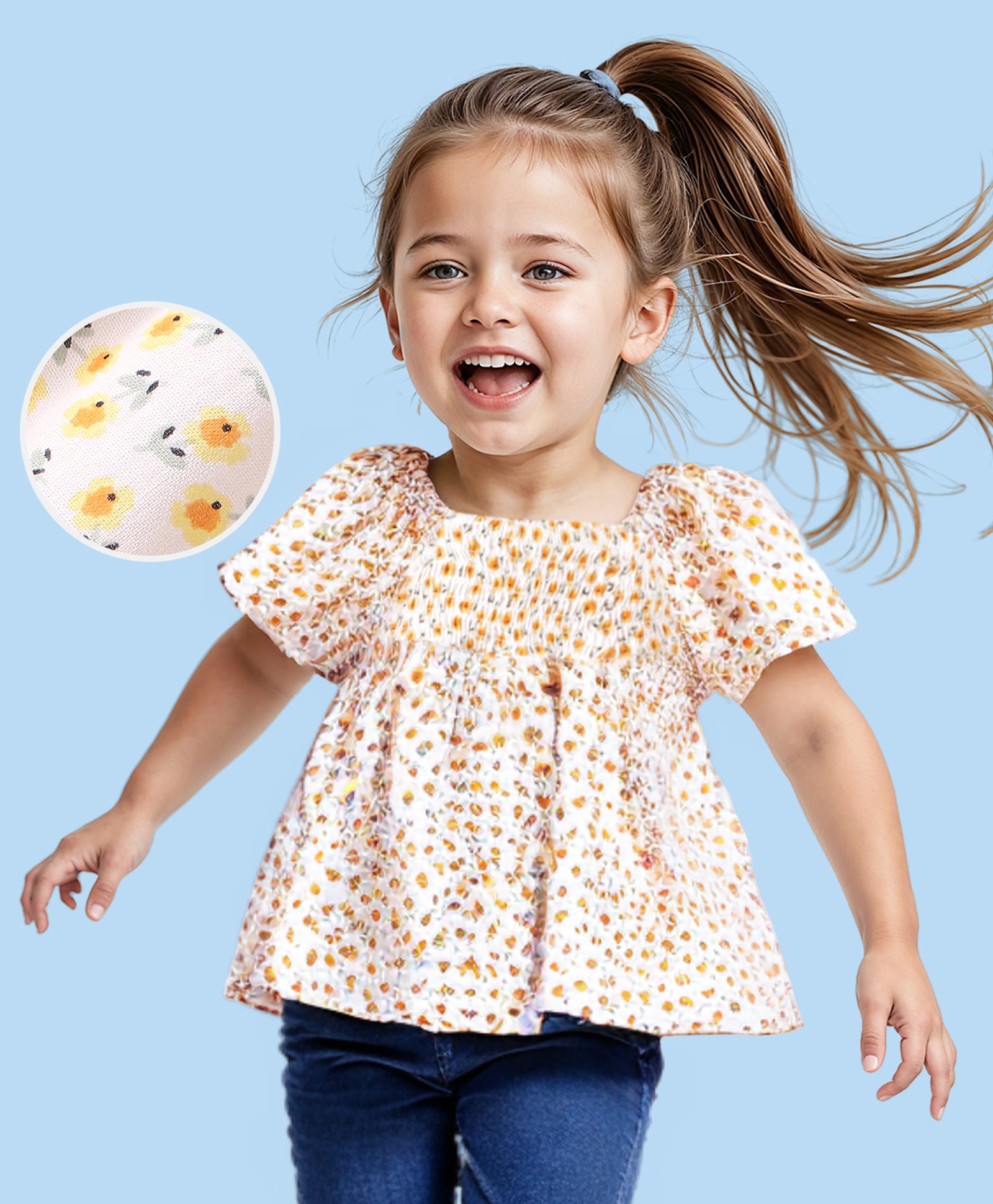 Babyhug Rayon Woven Half Sleeves Floral Printed Top with Smocking - Off White-image-32