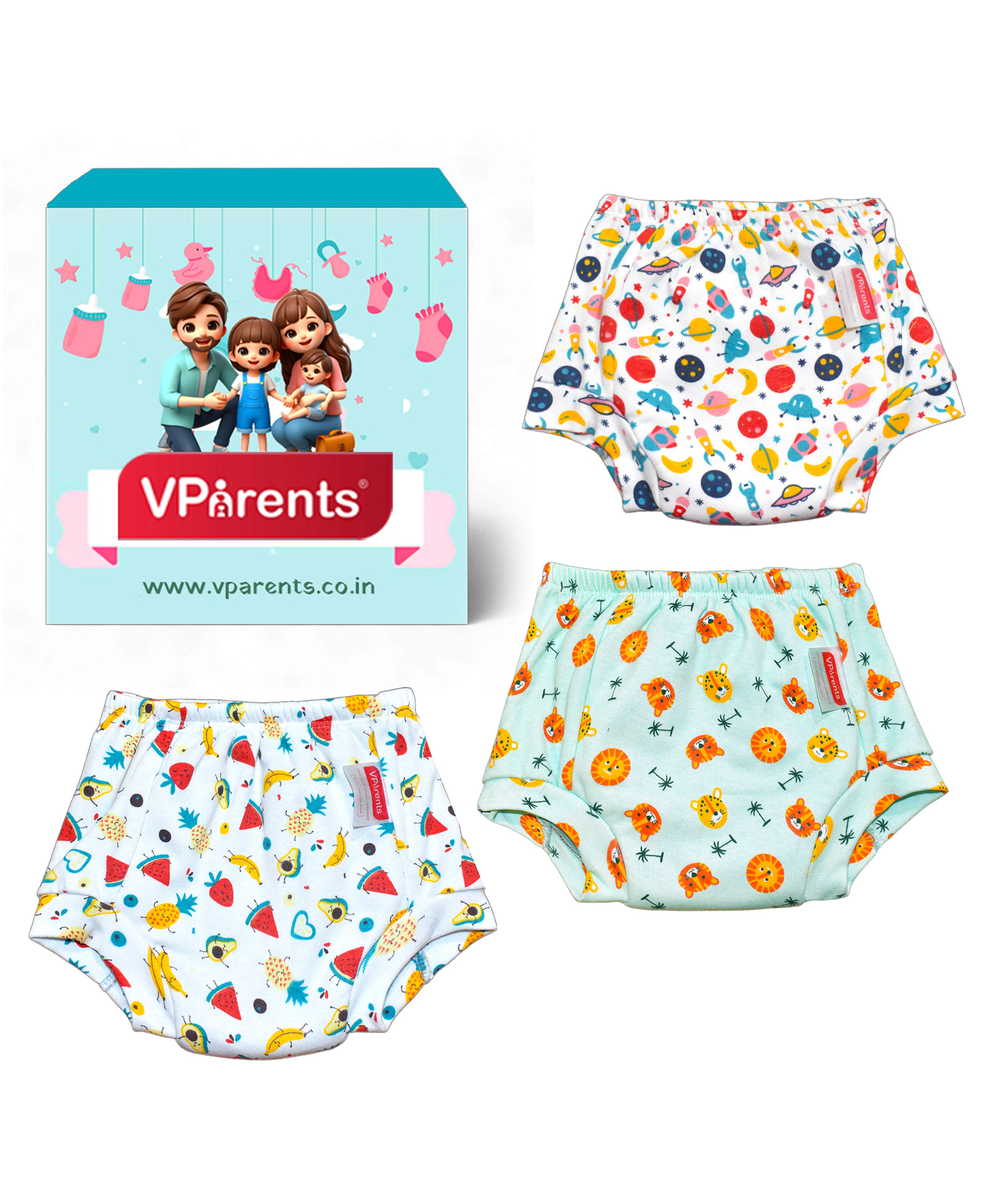 VParents Padded Underwear for Babies and Toddlers with 3 Layers of Cotton Padding Potty Training  Pull Up & Diaper-Free Time Pack of 3 (1 - 2 YEARS) (Print may vary)-picture-3