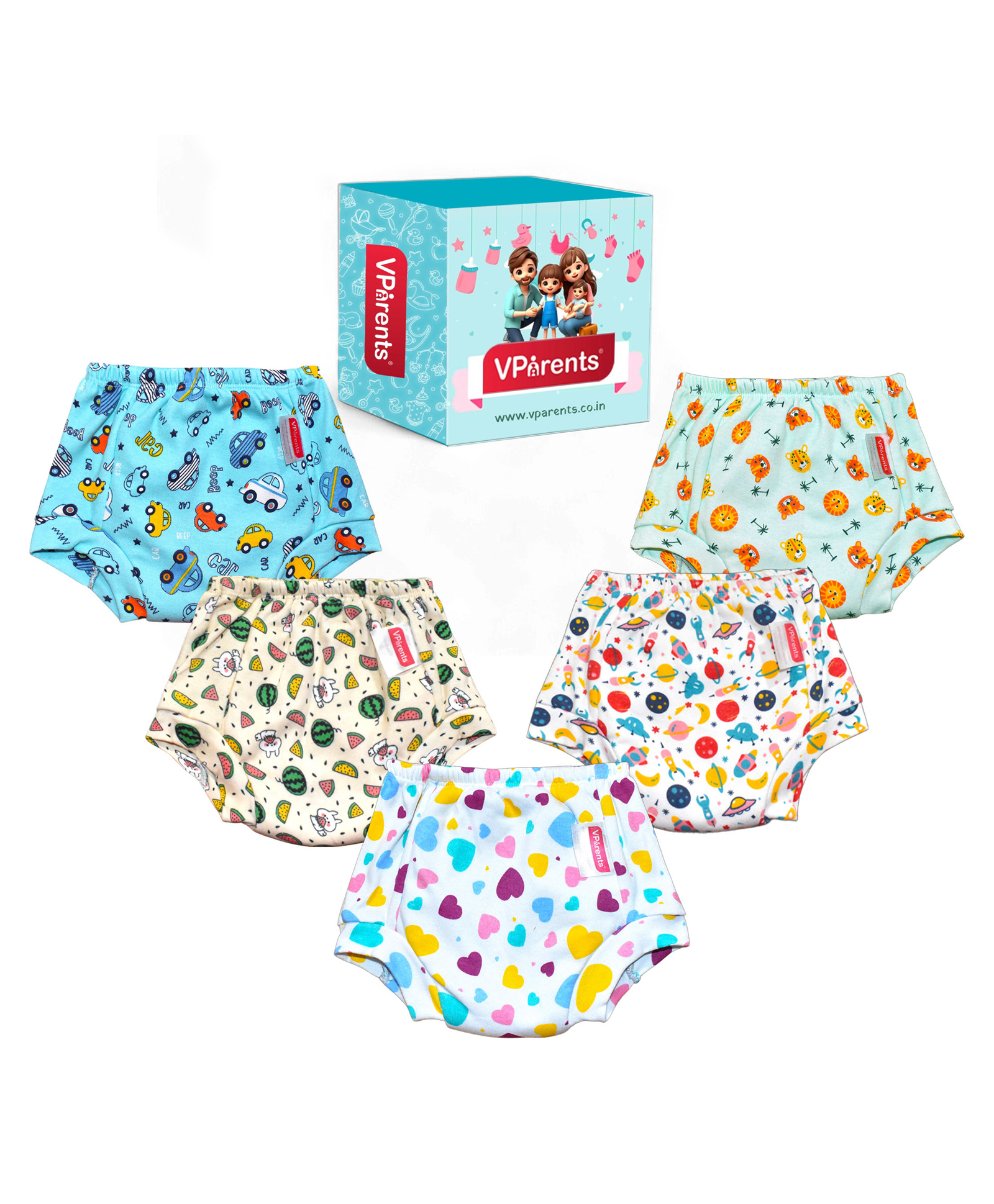 VParents Padded Underwear for Babies and Toddlers with 3 Layers of Cotton Padding Potty Training  Pull Up & Diaper-Free Time Pack of 5 (6 - 12 MONTHS)  (Print may vary)-picture-49