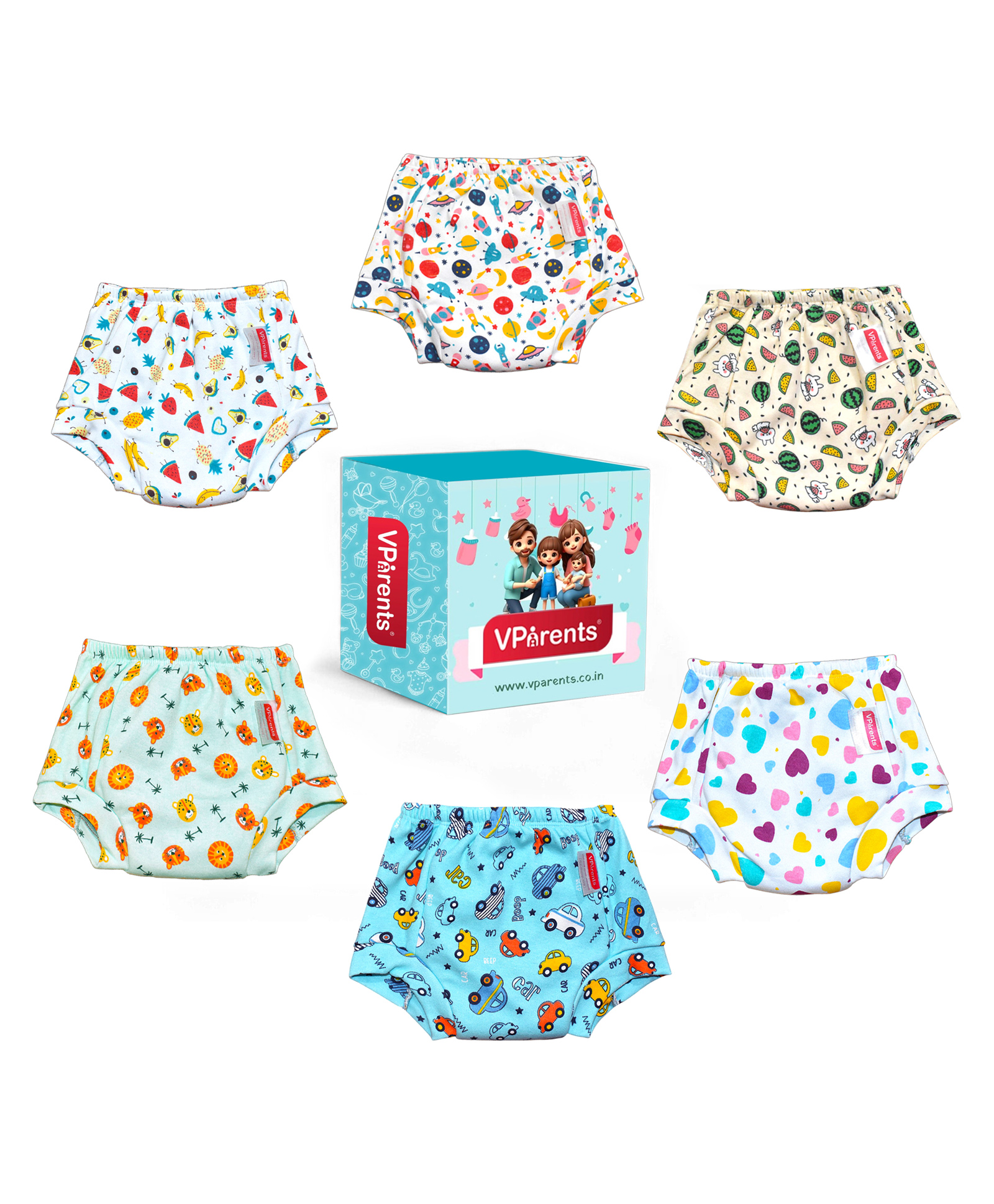 VParents Padded Underwear for Babies and Toddlers with 3 Layers of Cotton Padding Potty Training  Pull Up & Diaper-Free Time Pack of 6 (6 - 12 Month)( Print may vary)-picture-29