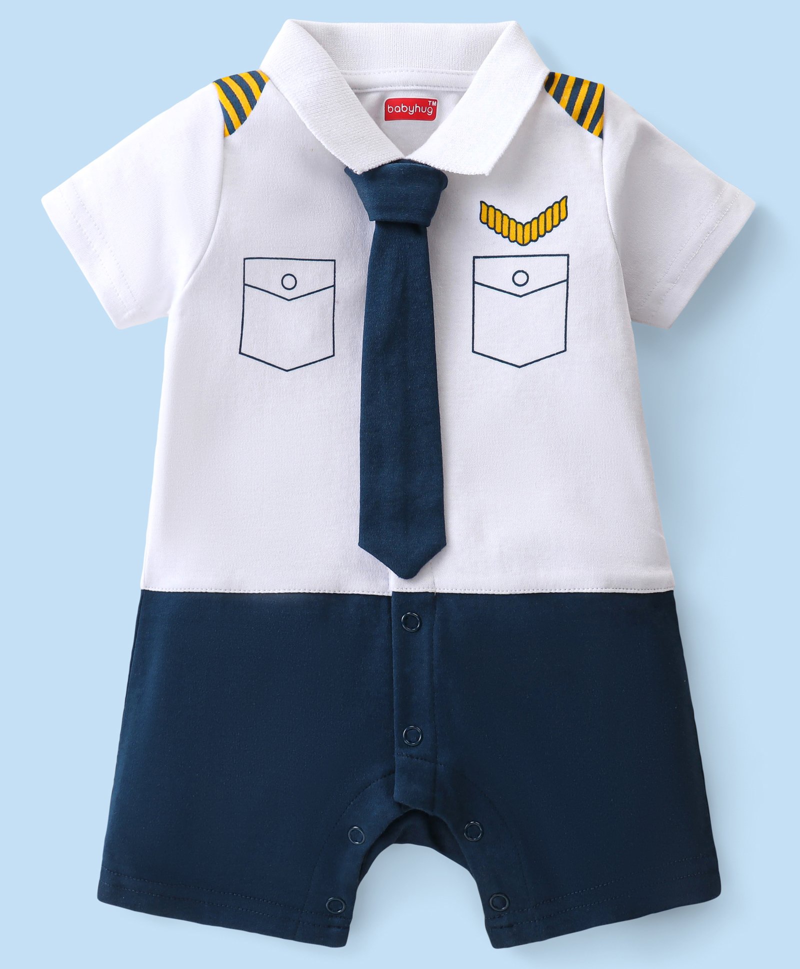 Babyhug 100% Cotton Knit Half Sleeves Pilot Theme Romper with Tie - Navy & White-picture-30