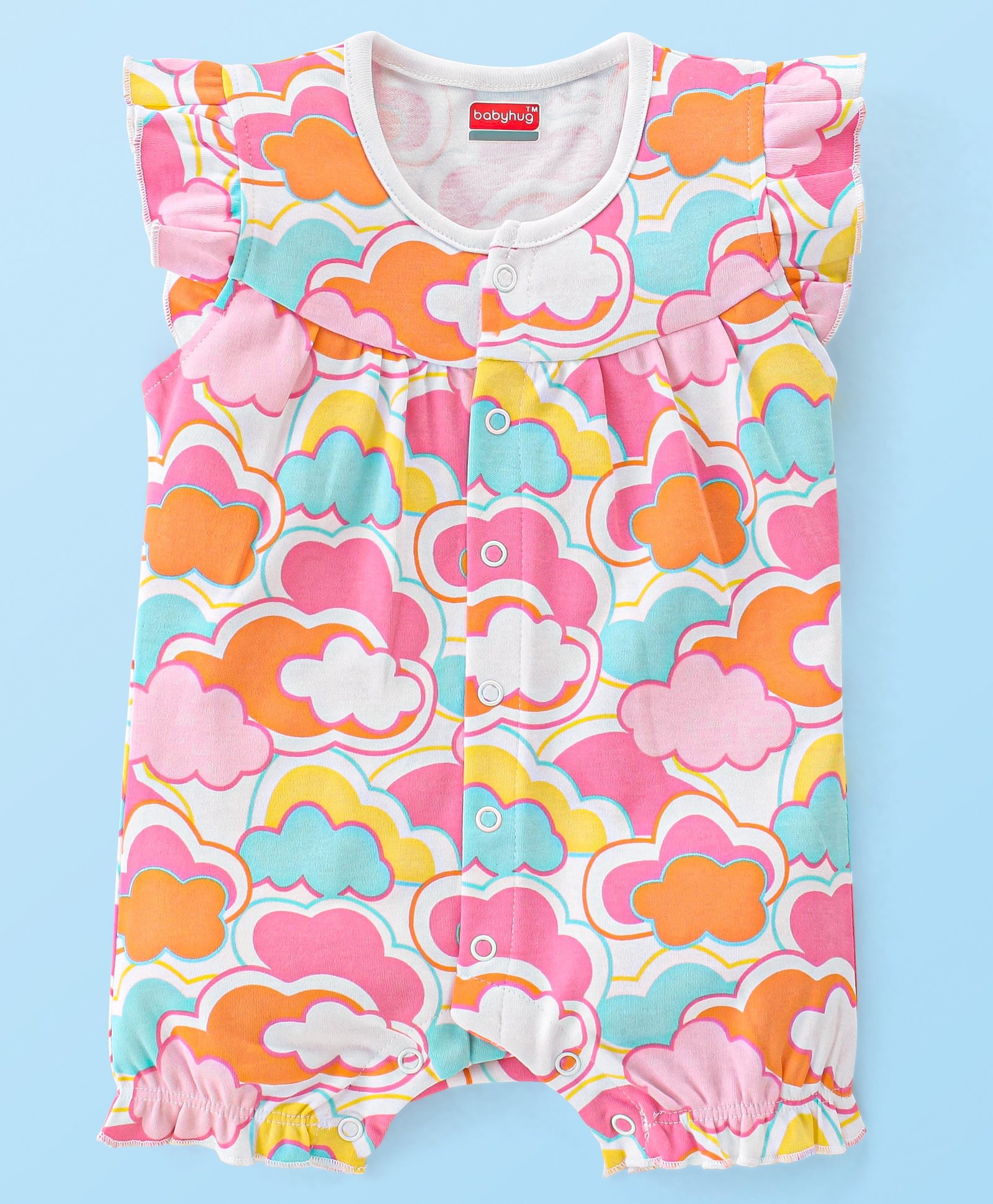 Babyhug 100% Cotton Knit Sleeveless Romper With Clouds Print - Multicolour-image-8
