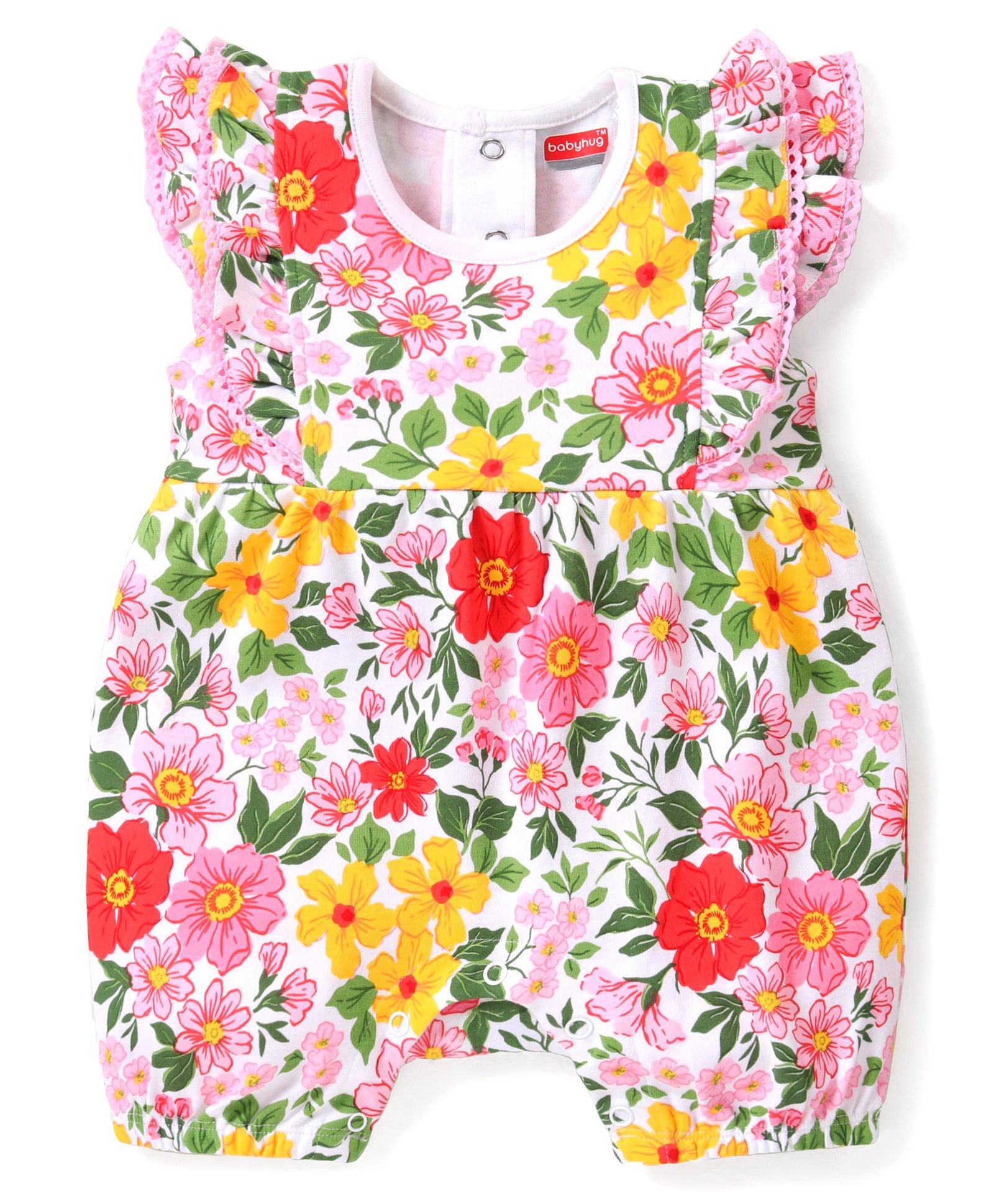 Babyhug 100% Cotton Knit Frill Sleeves Floral Printed Romper - Multicolour-image-44