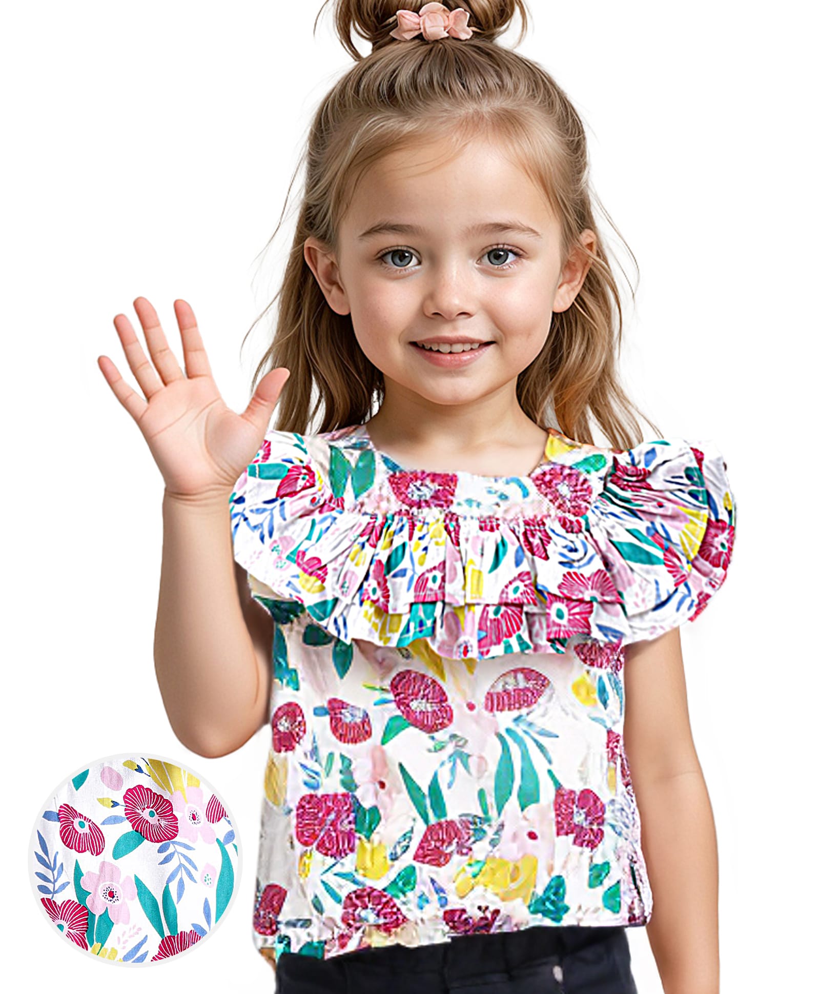 Babyhug Rayon Woven Half Sleeves Floral Print Top with Frill Detailing - White-picture-21