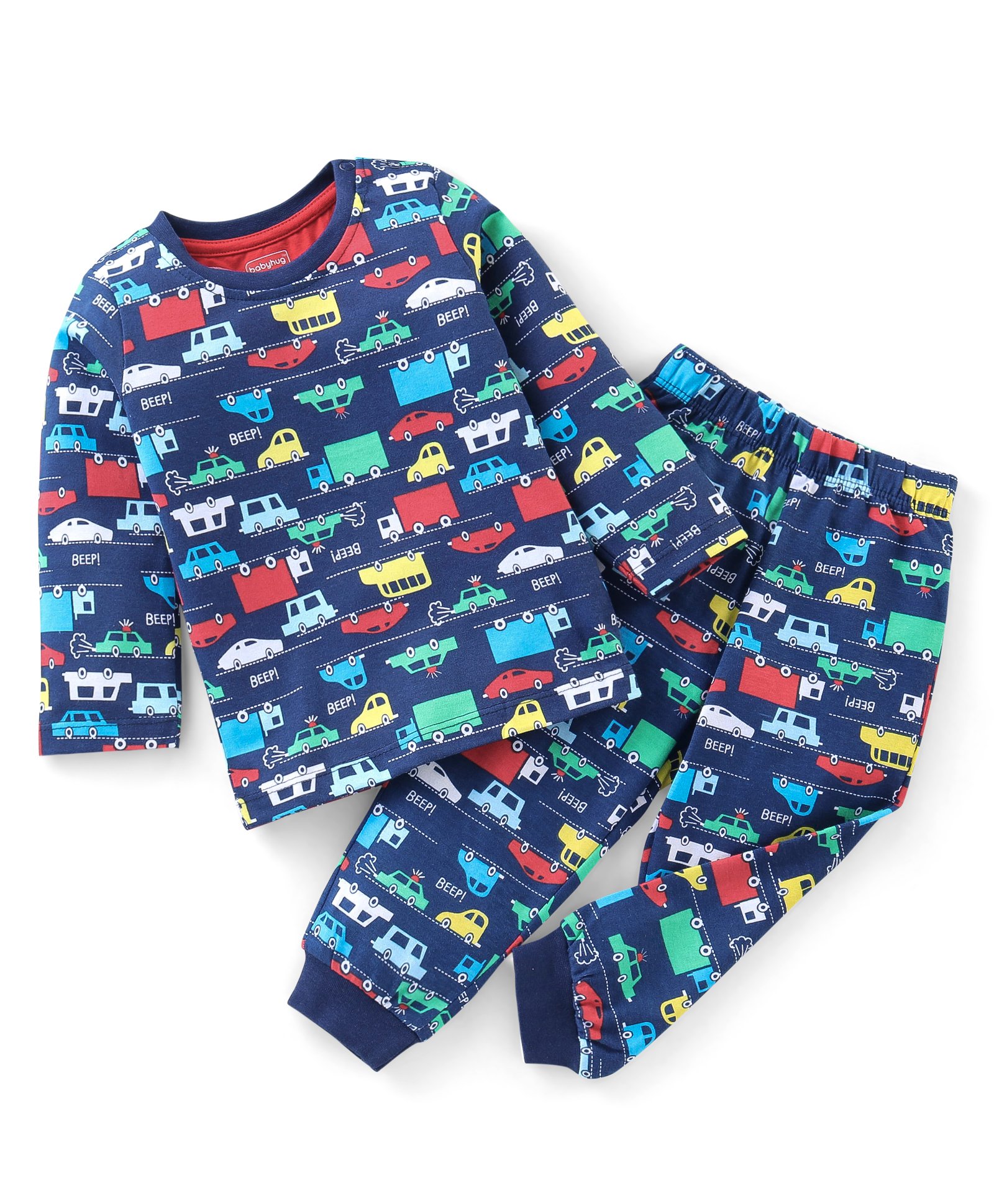 Babyhug Single Jersey Knit Full Sleeves Night Suit Car Print - Navy Blue-image-38