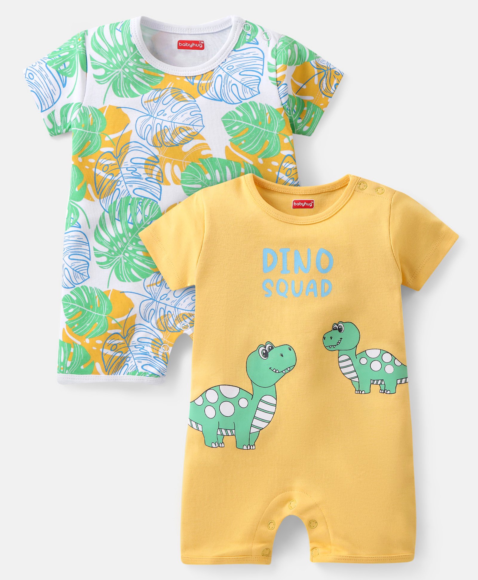 Babyhug 100% Cotton Knit Frill Sleeves Dino & Tropical Printed Rompers Pack of 2 - Yellow & Green-image-23