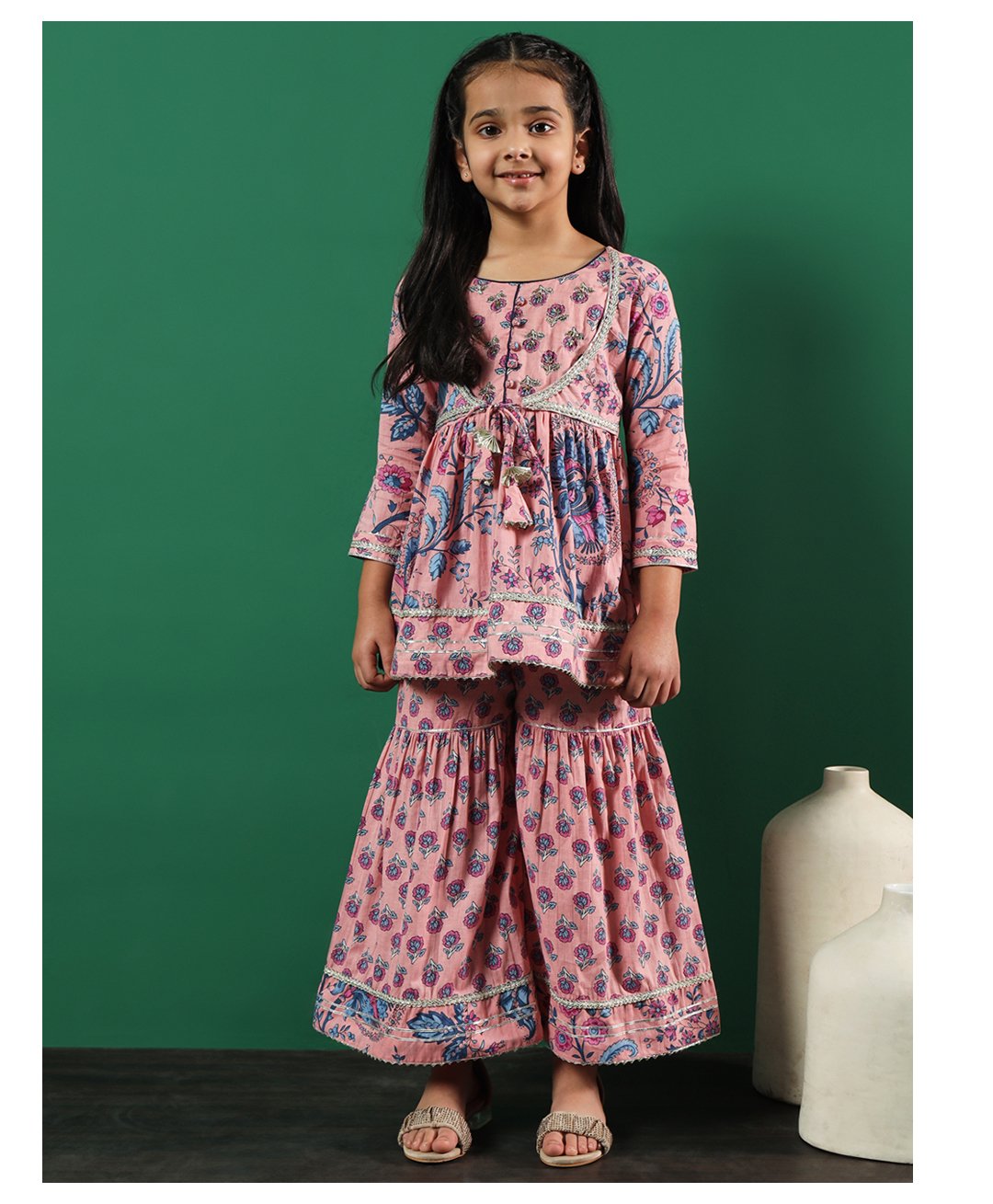 READIPRINT Three Fourth Sleeves Floral  Printed Cotton Kurta With Sharara - Peach-image-16