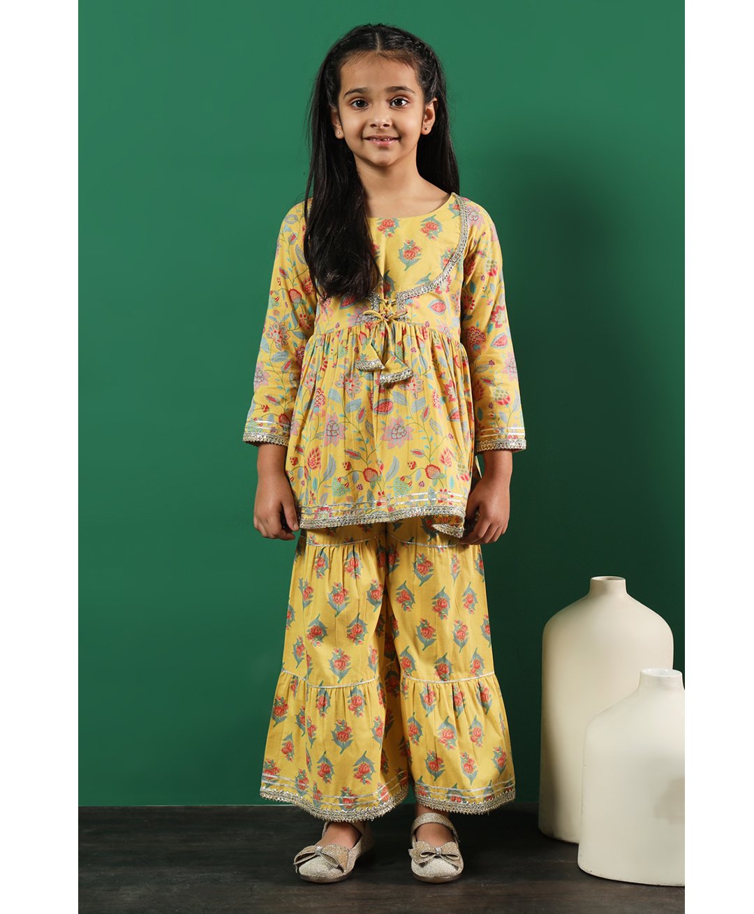 READIPRINT Three Fourth Sleeves Floral Printed Cotton Kurta And Sharara - Yellow-image-15