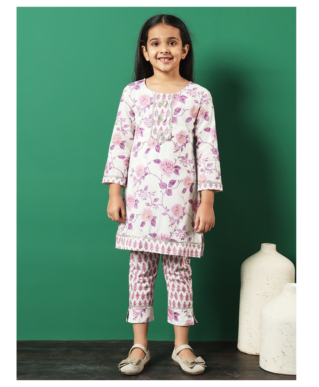 READIPRINT Cotton Three Fourth Sleeves Floral Printed Kurta & Pant - Purple-picture-29