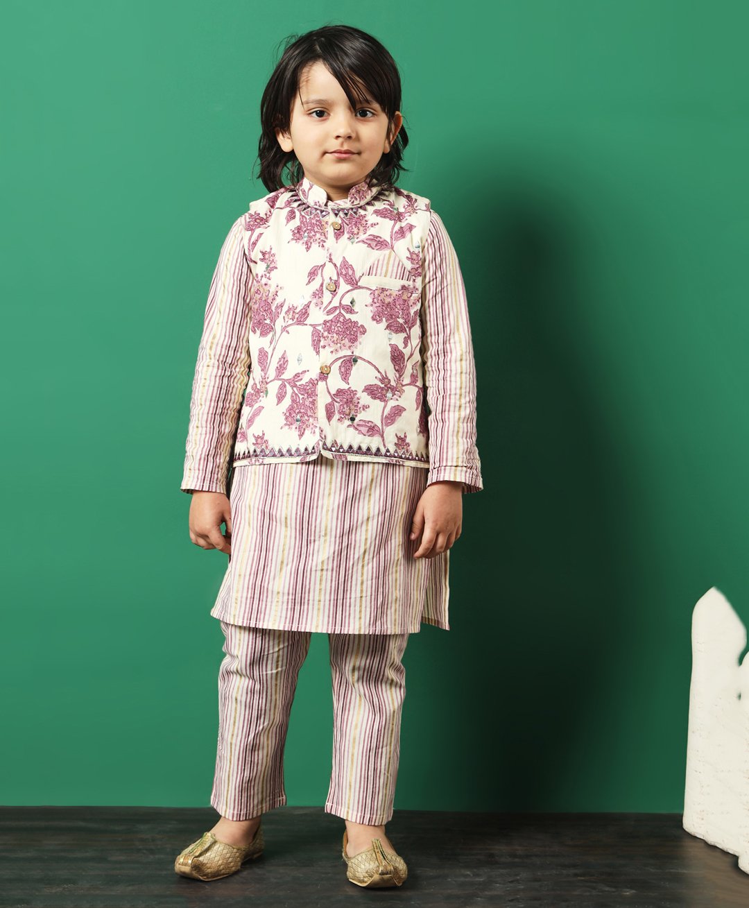 READIPRINT Full Sleeves Striped  Cotton Kurta  & Pyjama With Floral Printed Designed Jacket - Mauve Pink-picture-22