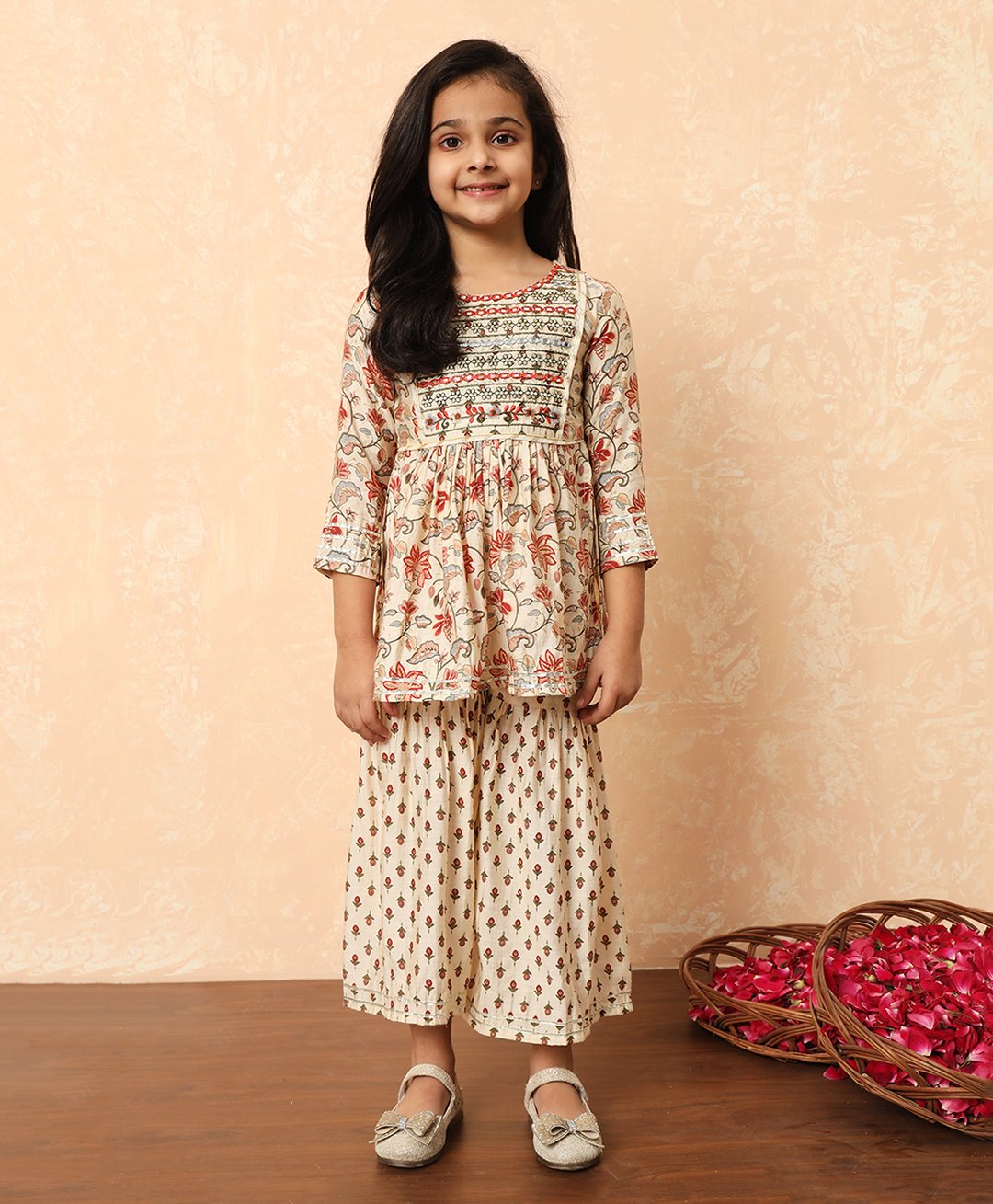 READIPRINT Three Fourth Sleeves Floral Printed Silk Kurta &  Sharara -  Cream-image-35