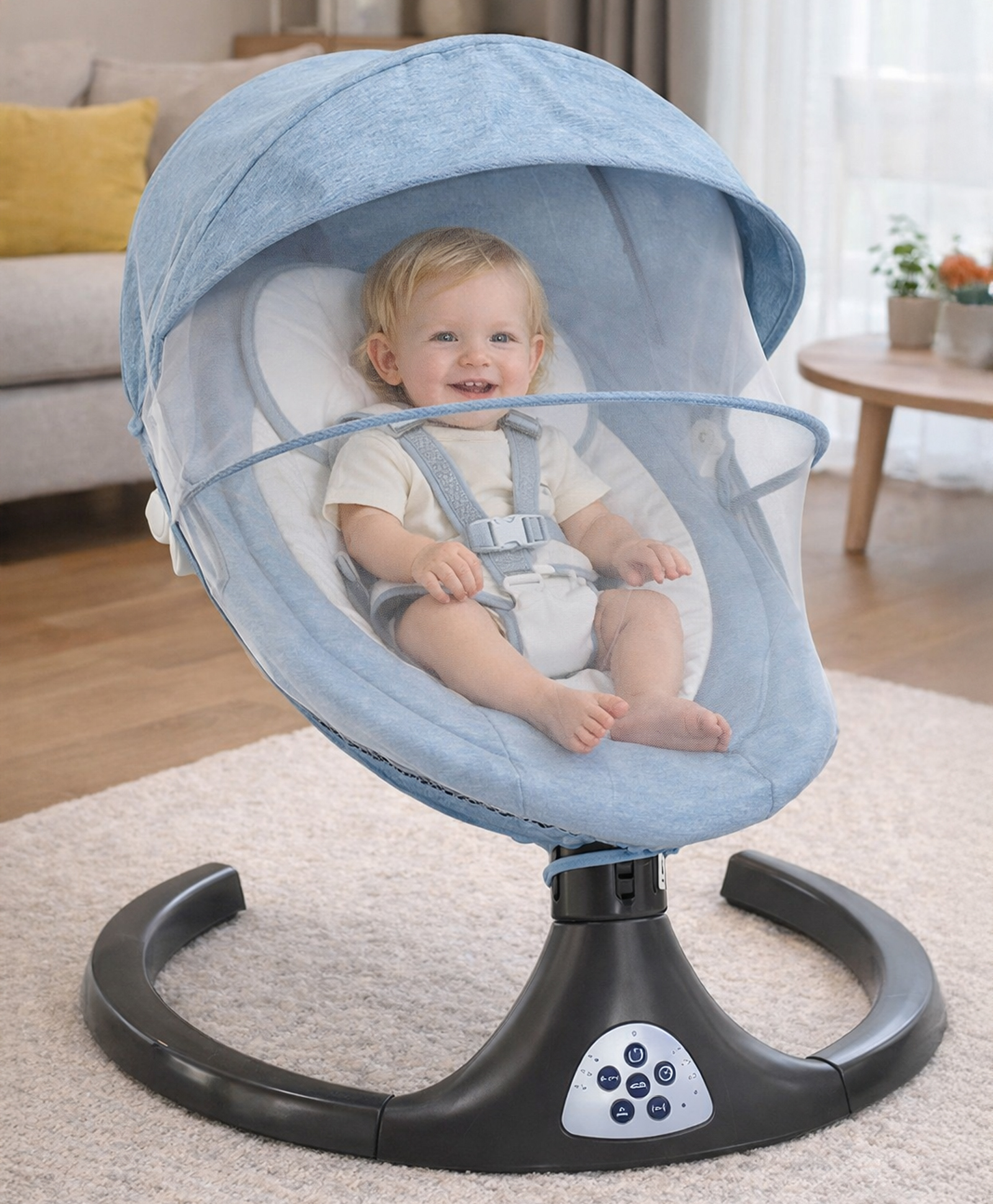 Automatic Electric Swing with Adjustable Swing Speed & Soothing Music with Mosquito Net & Safety Belt - Blue