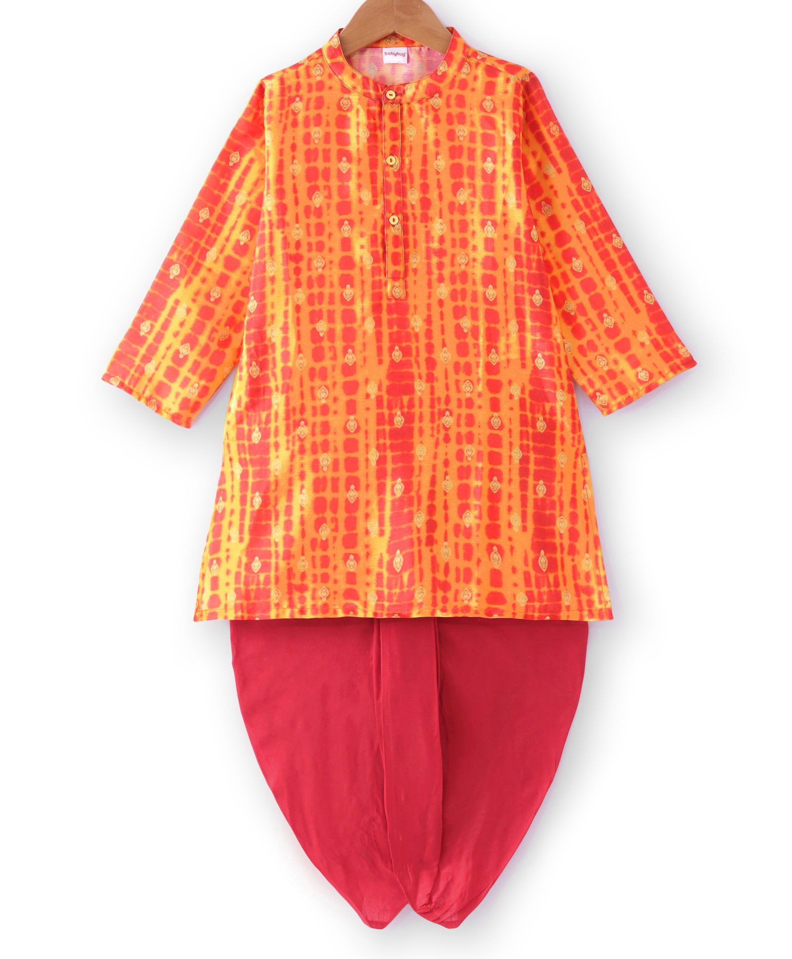 Babyhug Cambric Full Sleeves Dhoti Kurta Set Leheriya Print - Orange & Red-image-44
