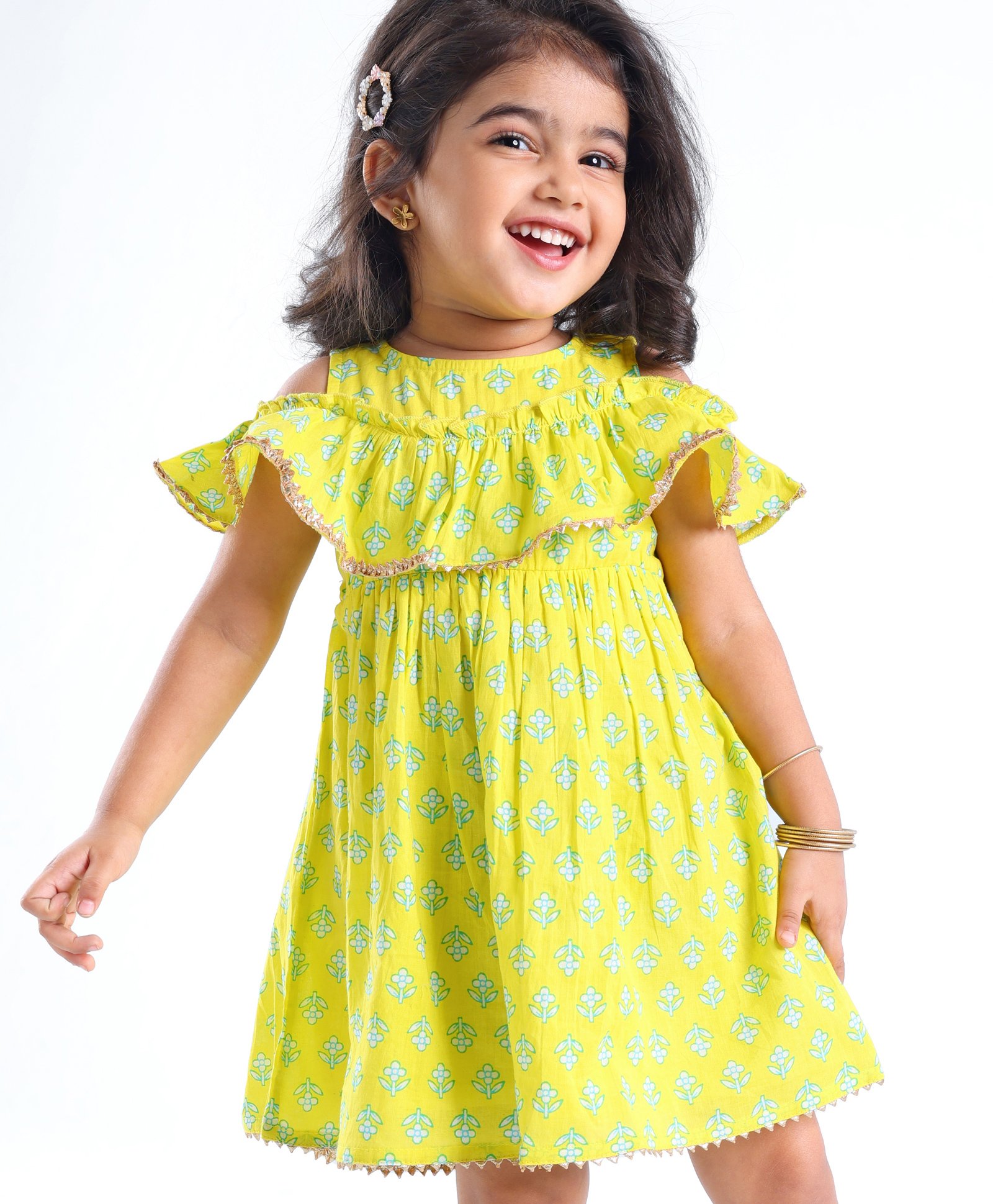 Babyhug 100% Cotton Woven Off Shoulder Cambric Printed Ethnic Dress with Tie up Details  - Yellow-image-35