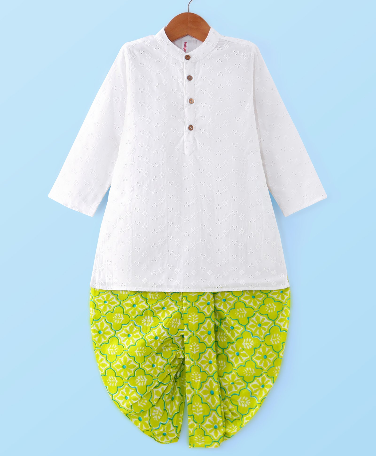Babyhug Cotton Schiffly Full Sleeves Kurta with Printed Dhoti Set - White-image-17
