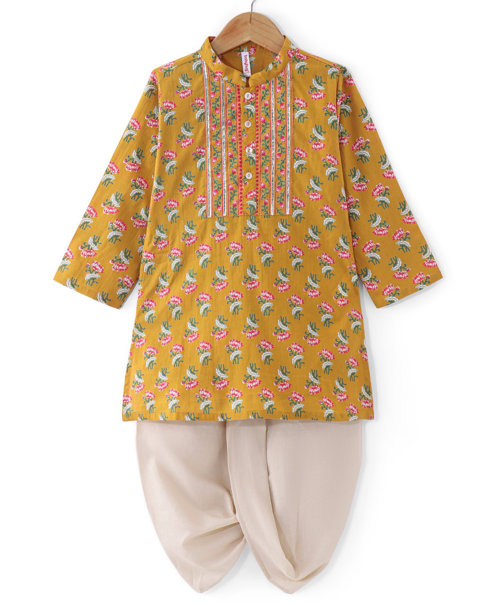 Babyhug Cotton Woven Full Sleeves Jaipur Print Dhoti Kurta Set Gota Lace - Mustard-picture-26