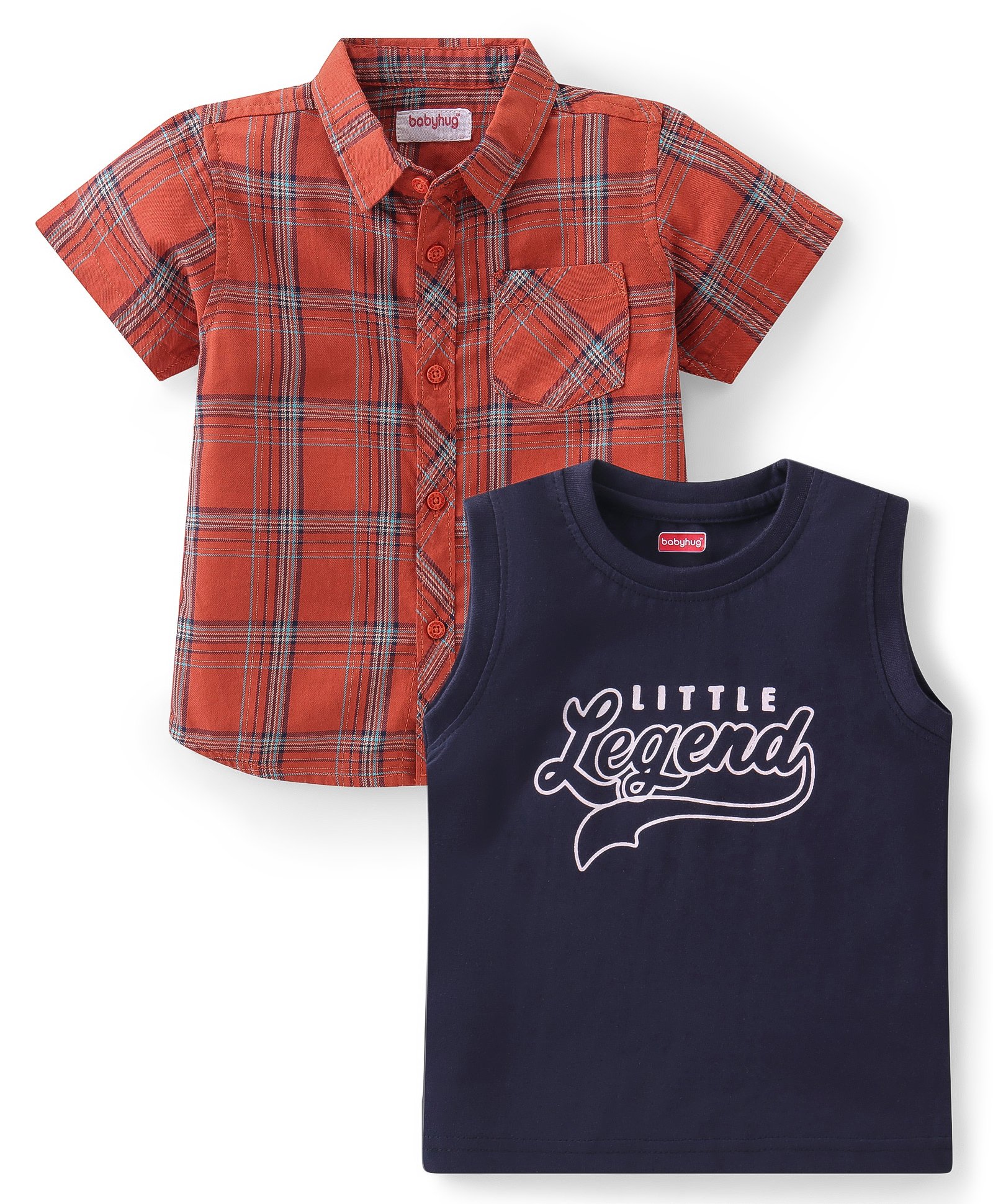 Babyhug Cotton Half Sleeve Twofer Check Shirt with T-Shirt - Brown & Navy-picture-11