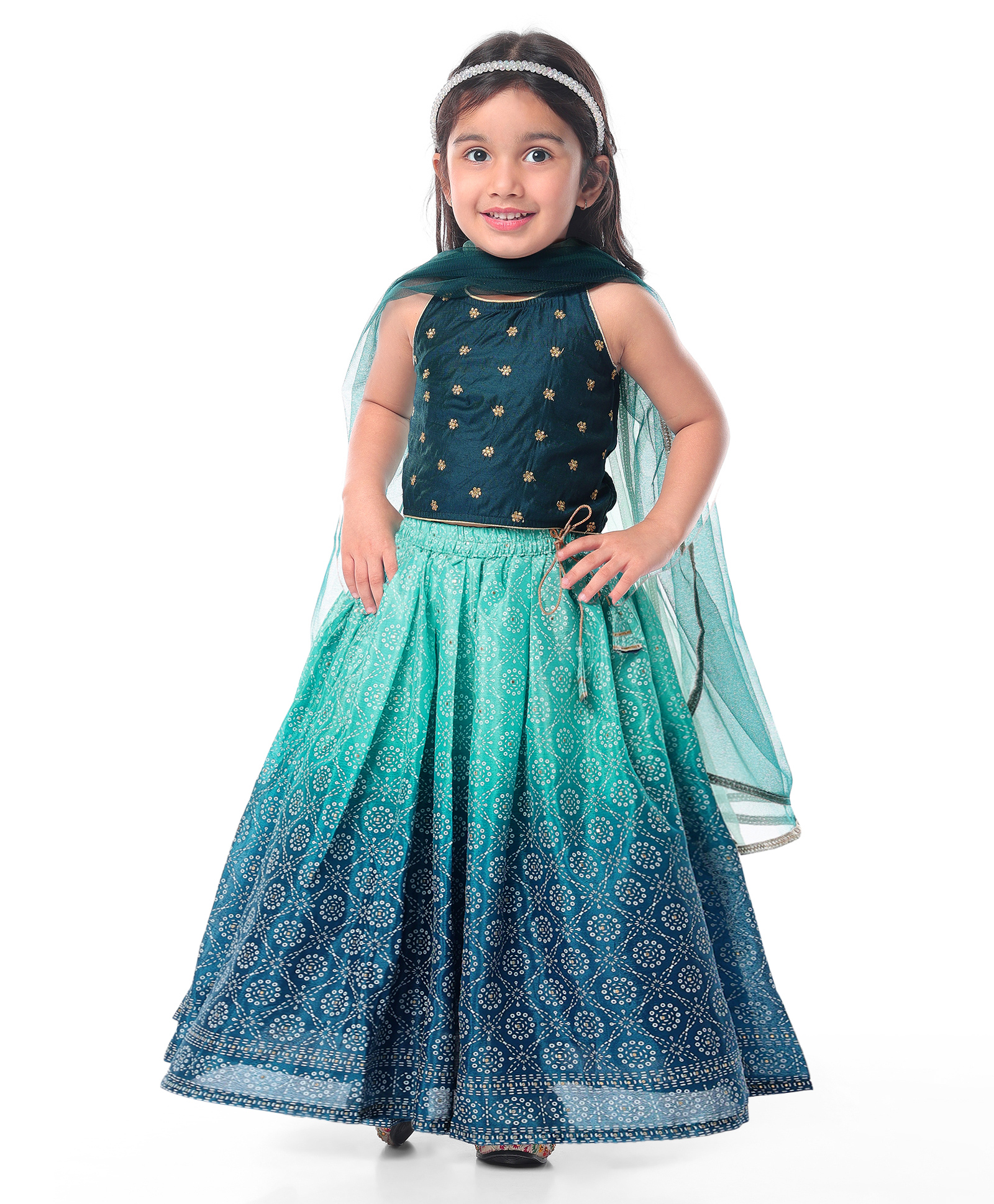 Babyhug Woven Sleeveless Floral Embroidered Halter Neck Choli with Lehenga and Net Dupatta Set - Teal Blue-image-5