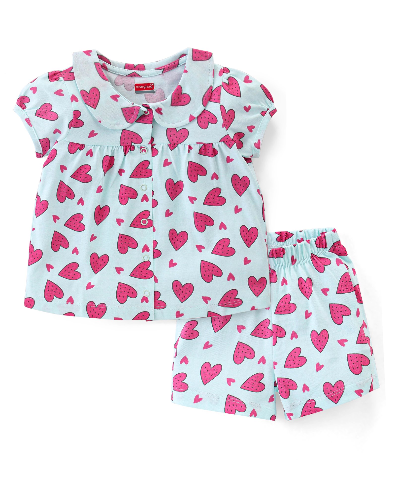 Babyhug Cotton Knit Half Sleeves Top & Shorts Nightwear Set Heart Print - Blue-image-26