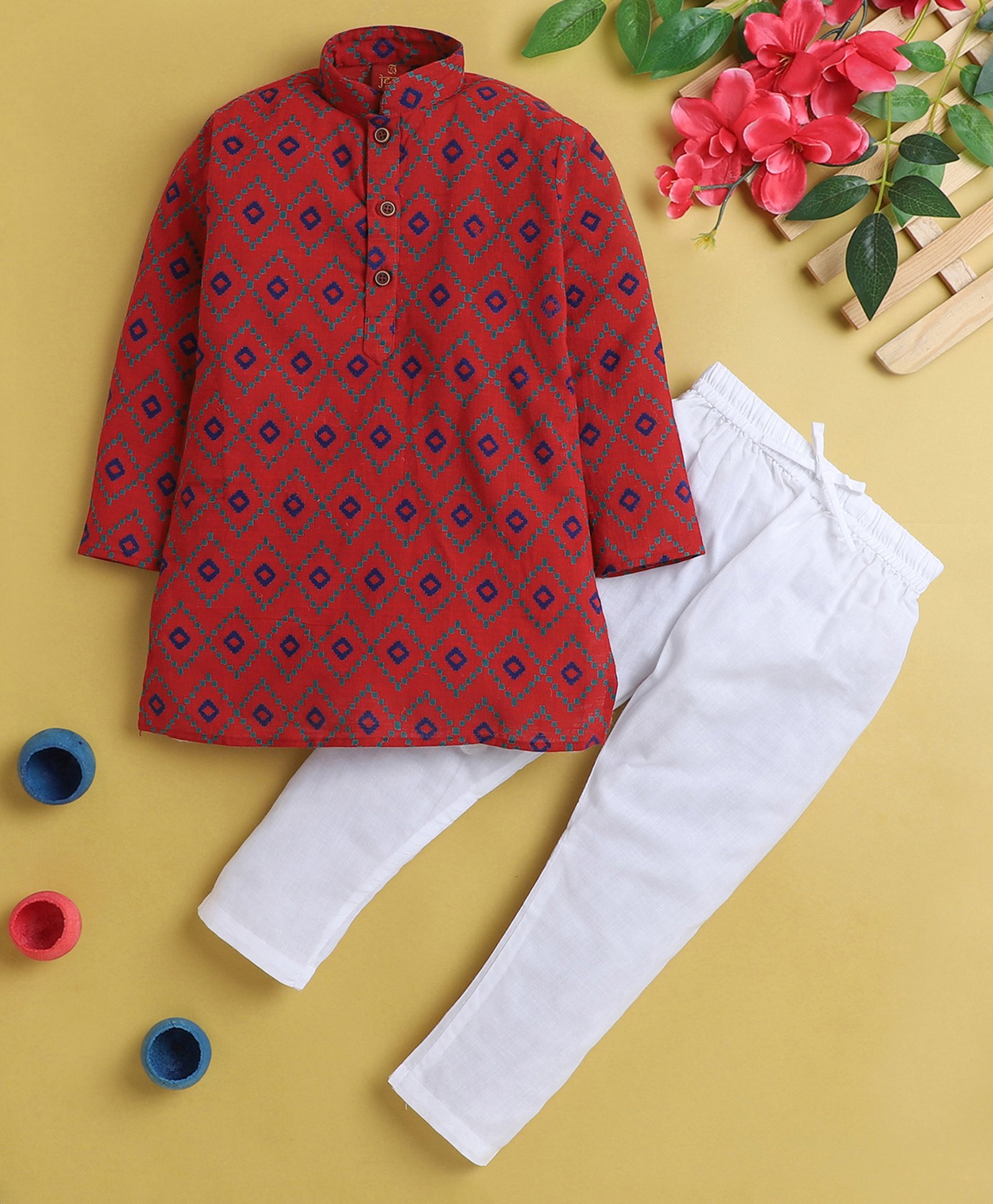 Jeet Ethnics Full Sleeves Geometric Motif Printed Kurta & Pyjama Set - Red-picture-14