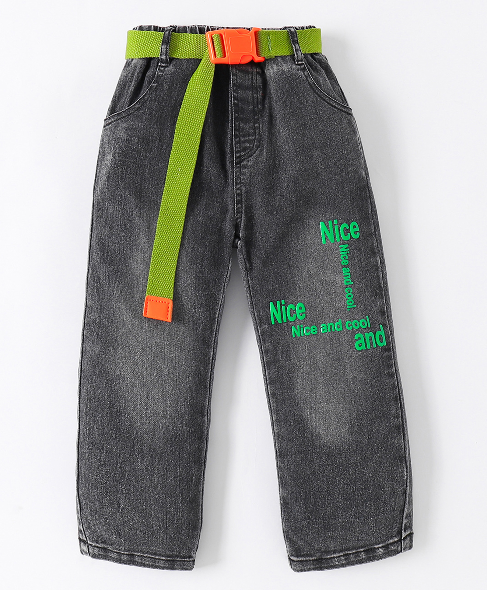 Kookie Kids Full Length Text Printed & Belt Detailing Jeans - Black-picture-27