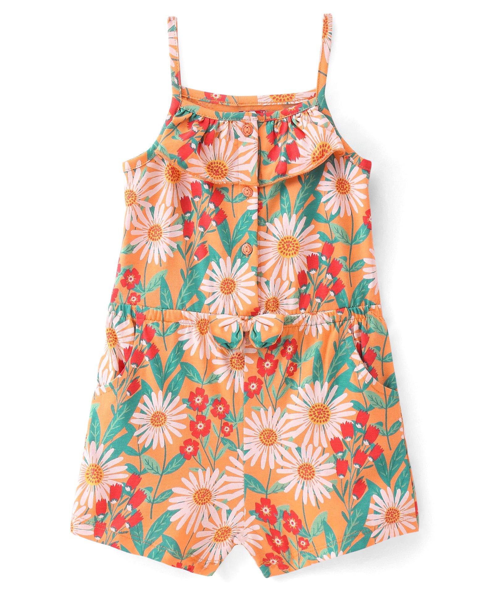 Babyhug Single Jersey Knit Singlet Sleeves Floral Print Jumpsuit with Bow Applique - Orange-picture-15