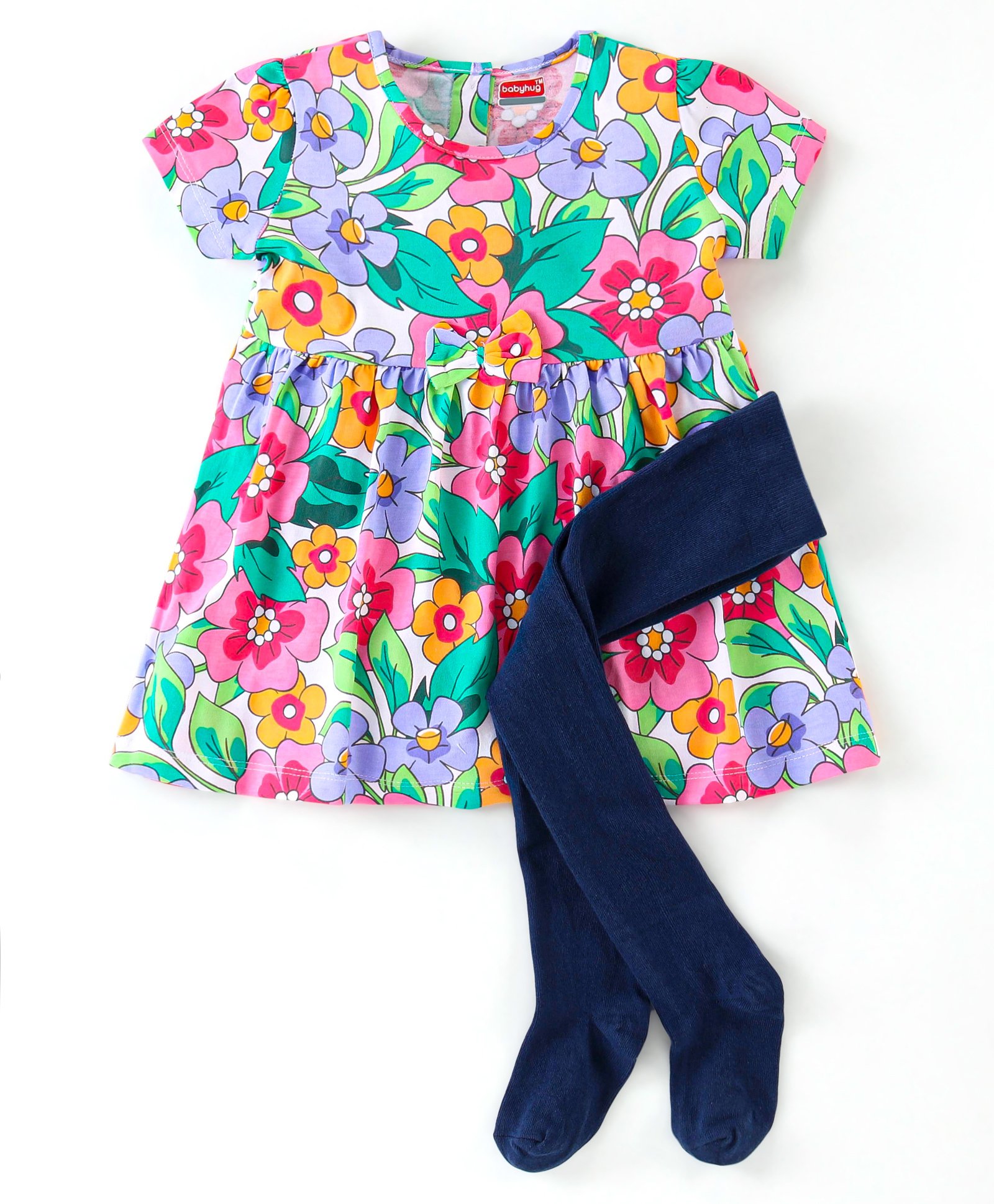 Babyhug Single Jersey Cotton Knit Half Sleeves Floral Print Frock With Leggings - Multicolour-picture-18