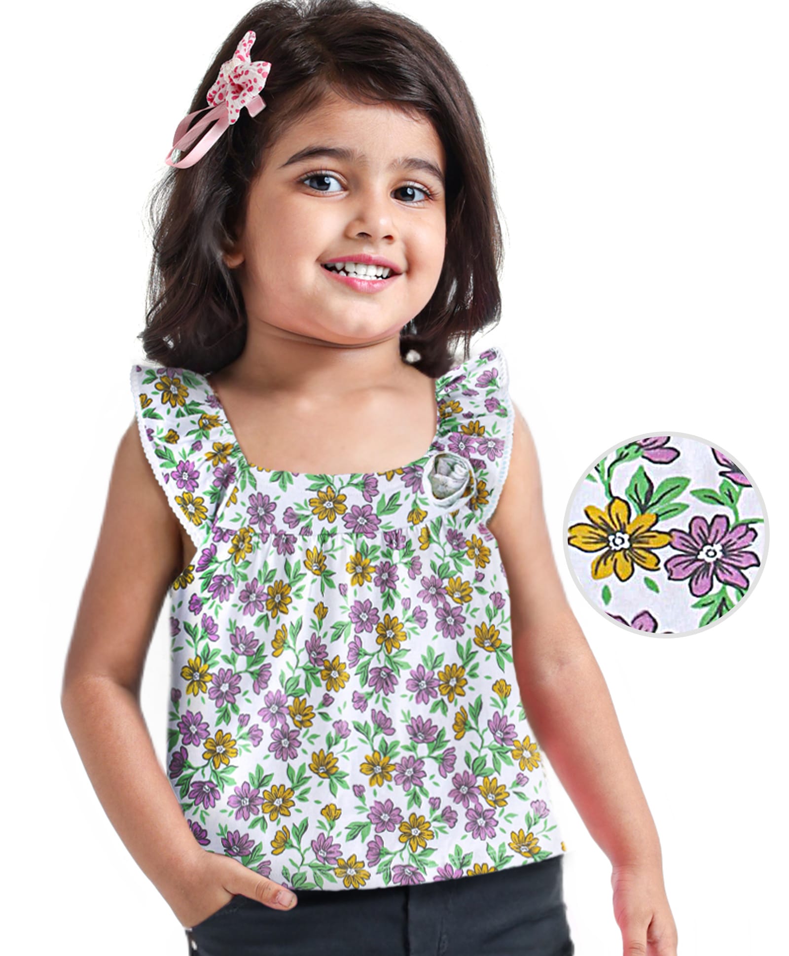 Babyhug Cotton Knit Sleeveless Top with Gathers & Floral Print - Light Blue-picture-10