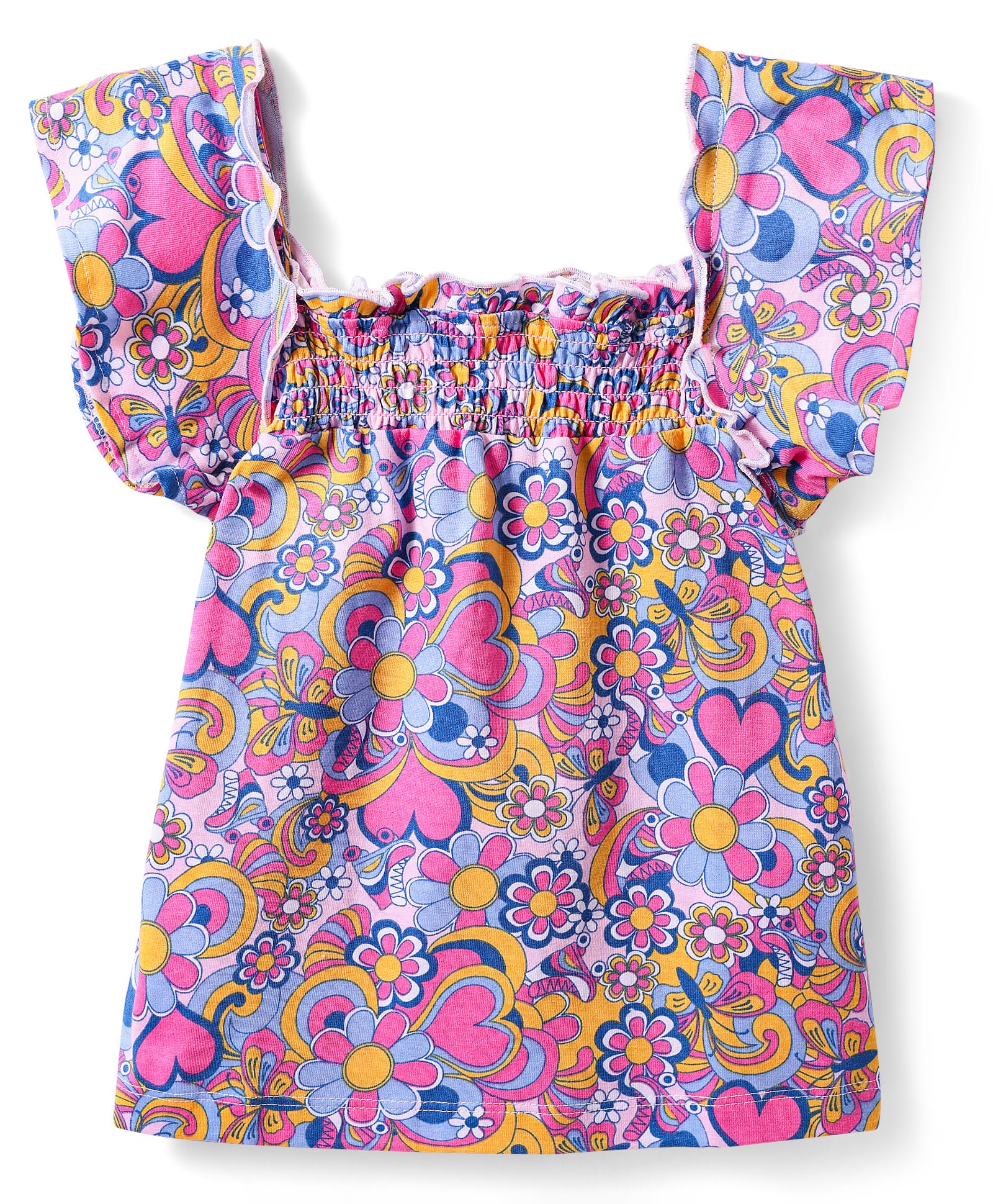 Babyhug Cotton Knit Frilled Sleeves Heart & Floral Printed Top with Smocking - Multicolor-image-30