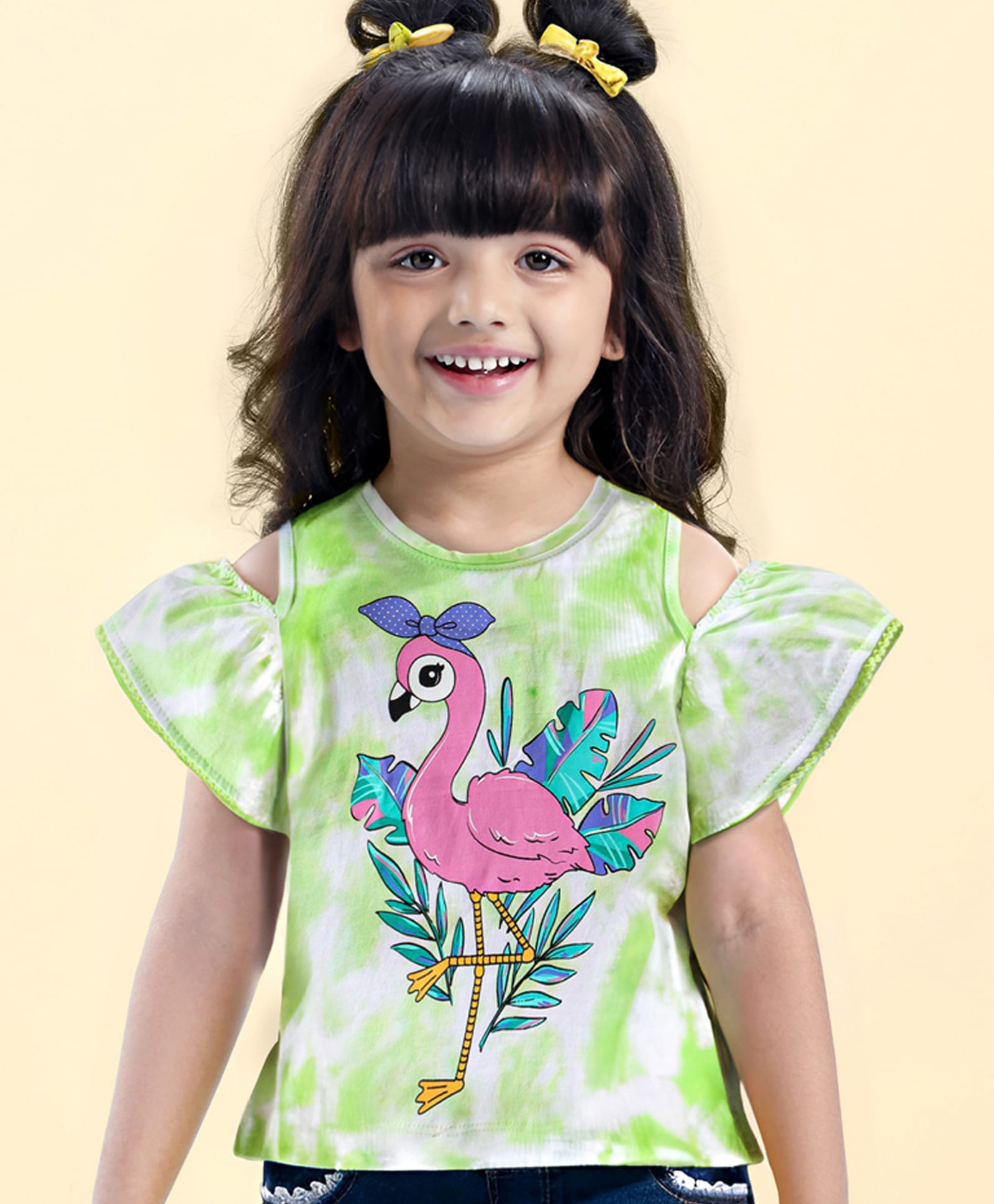 Babyhug 100% Cotton Knit Off Shoulder Half Sleeves Tie & Dye  Top with Flamingo Print - White & Green-image-9