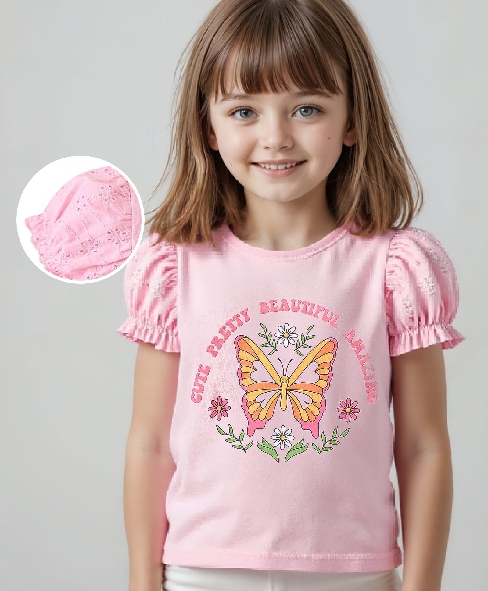 Babyhug Cotton Knit Half Sleeves Top With Butterfly Graphics and Schiffli Detailing- Pink-image-32