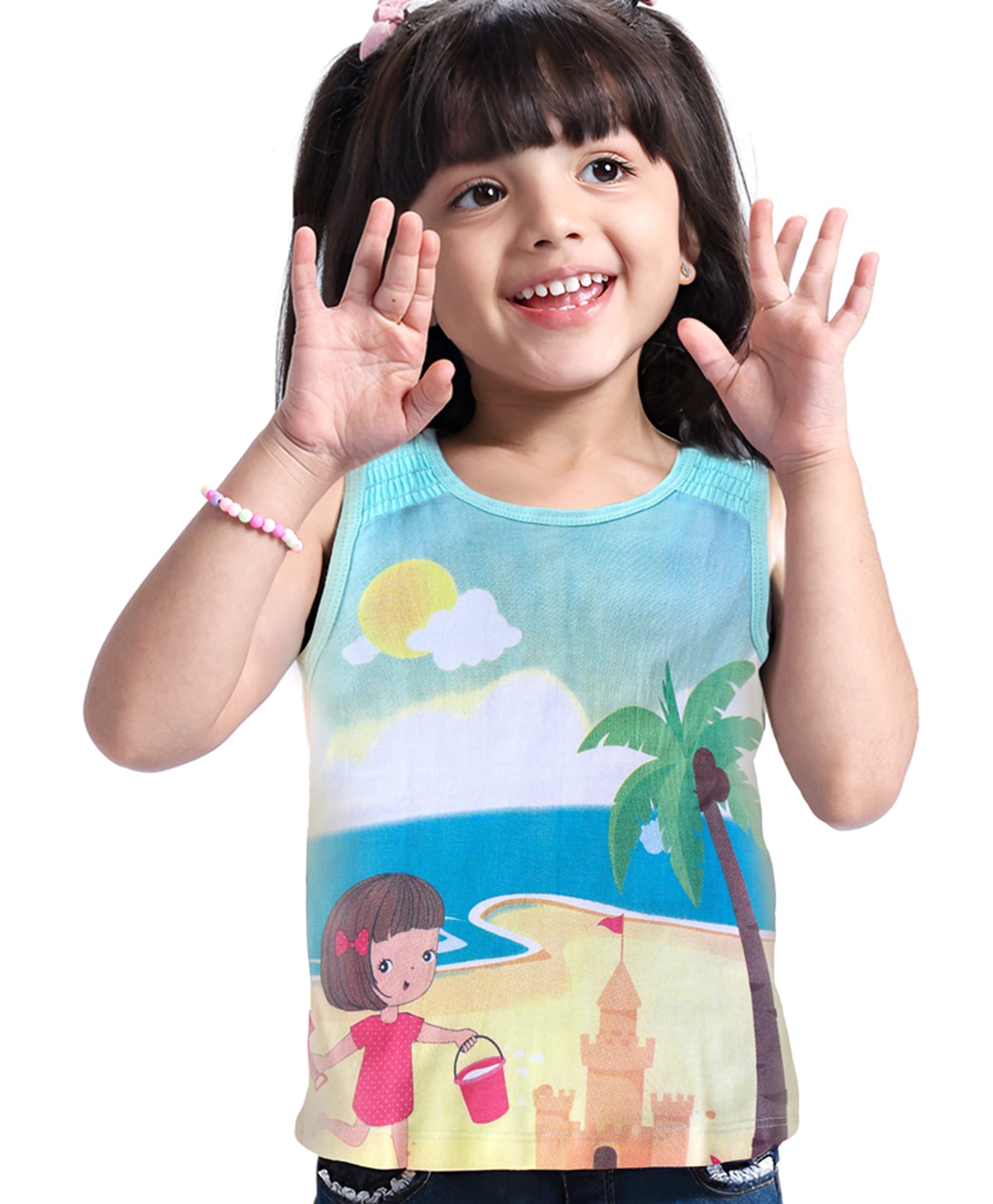 Babyhug Cotton Knit Sleeveless Top With Beach Theme Print - White-picture-11