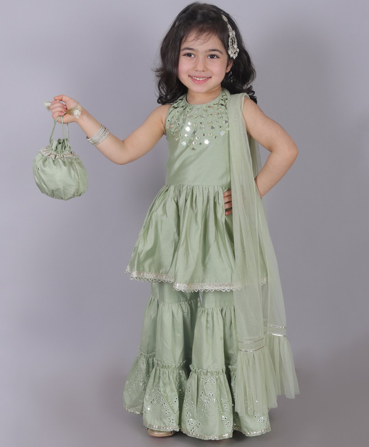 Lil' Drama Sleeveless Mirror Work Embroidered Kurta & Sharara With Dupatta - Green-image-28