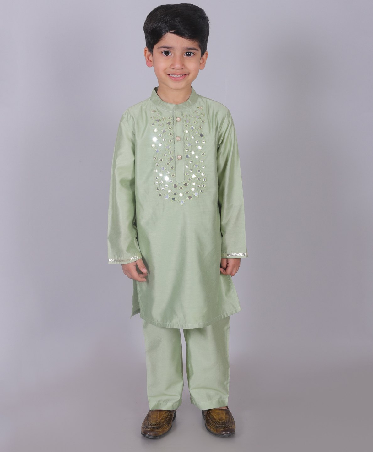 Lil Drama Full Sleeves Mirror Work Embroidered Kurta & Pant Set - Green-image-4