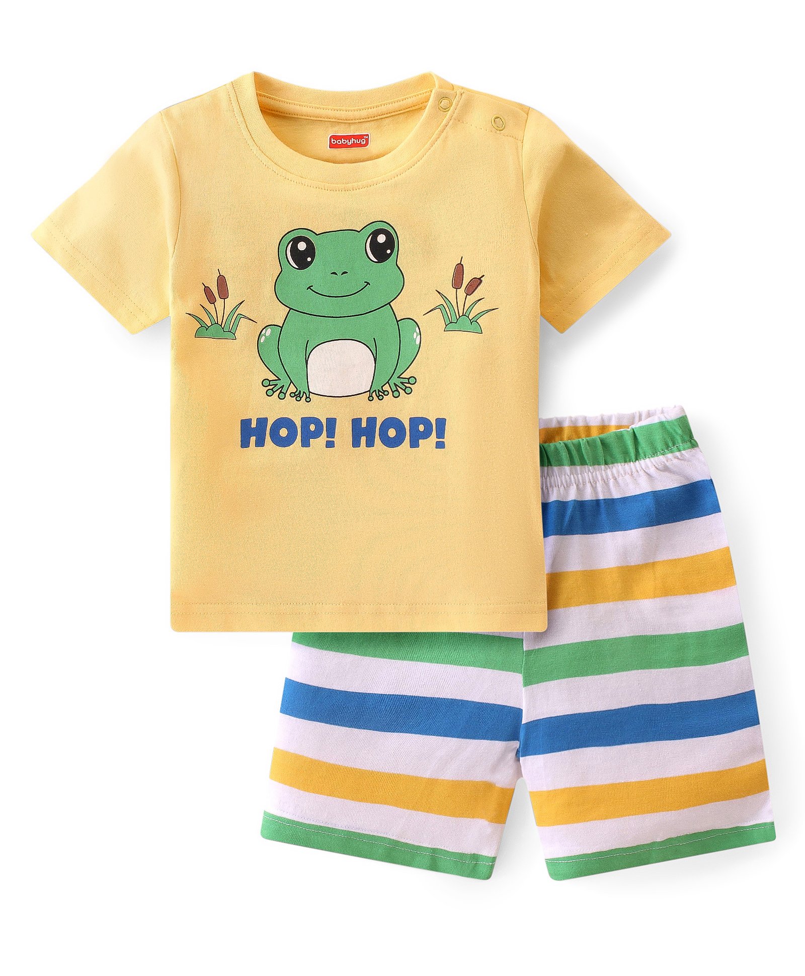 Babyhug Single Jersey Knit Half Sleeves Night Suit with Frog Print - Yellow-image-33