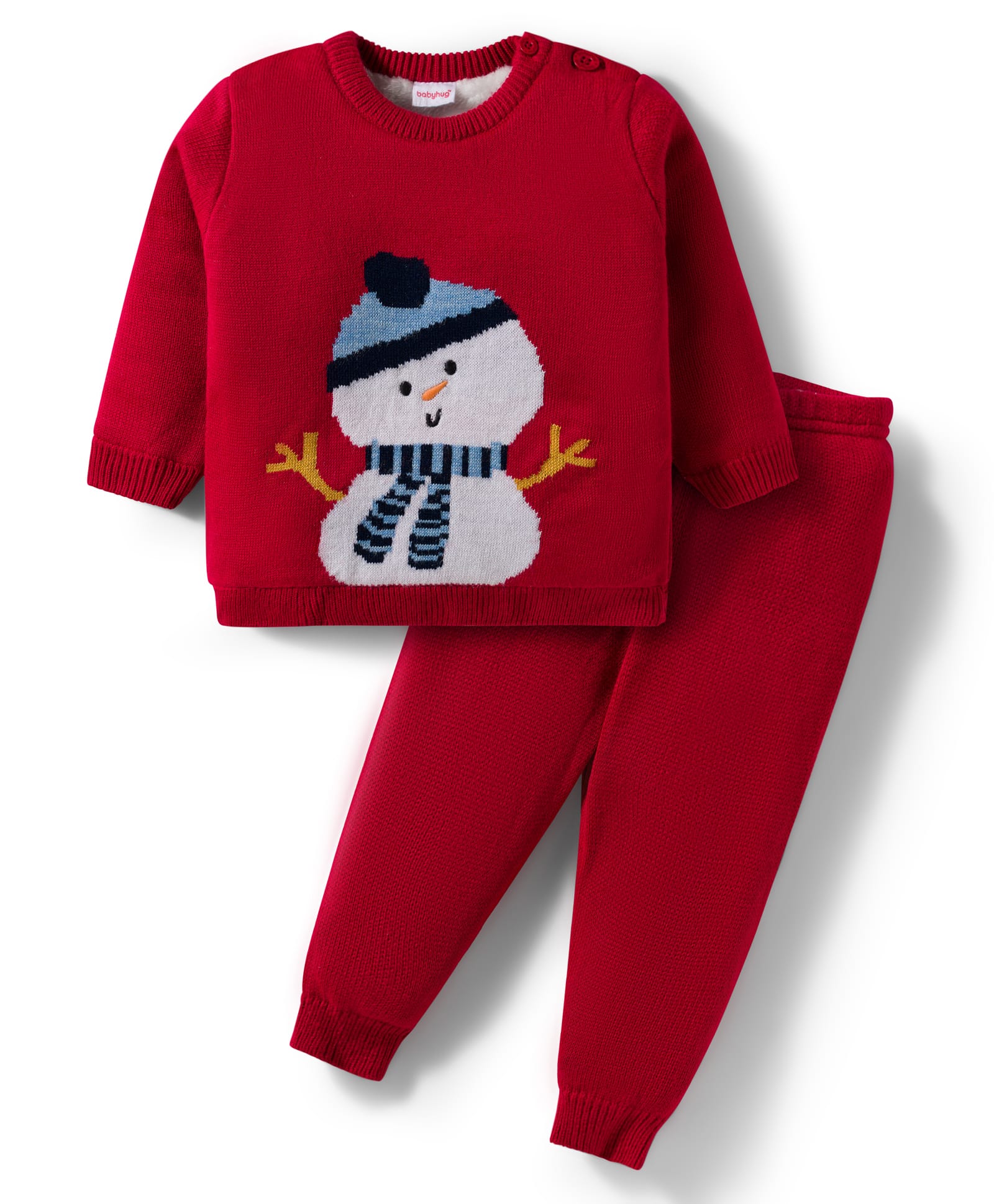 Babyhug Knitted Full Sleeves Sweater Set With Snowman Print - Red-image-26