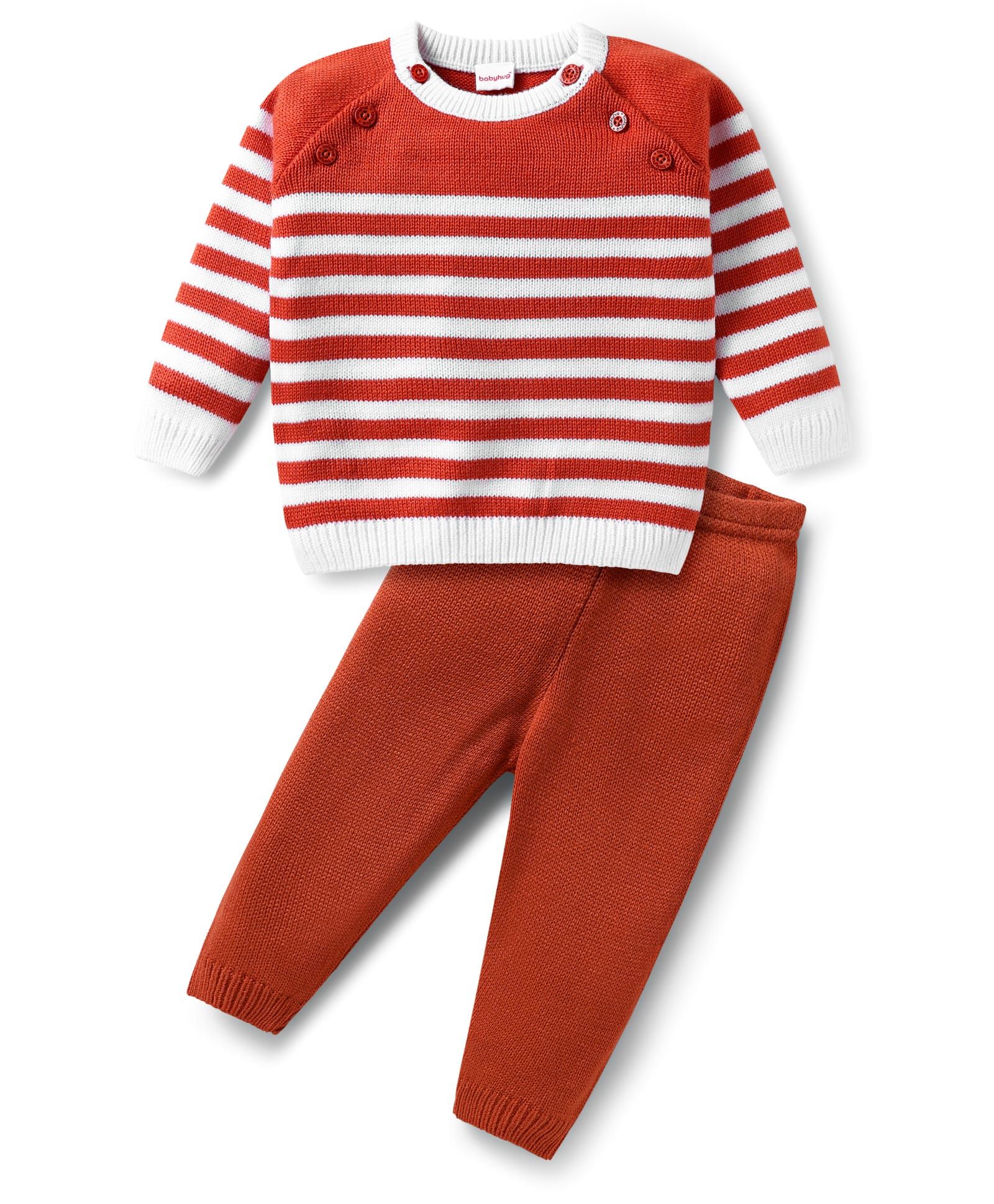 Babyhug Knit Full Sleeves Striped Sweater Set - White & Rust Orange-picture-27
