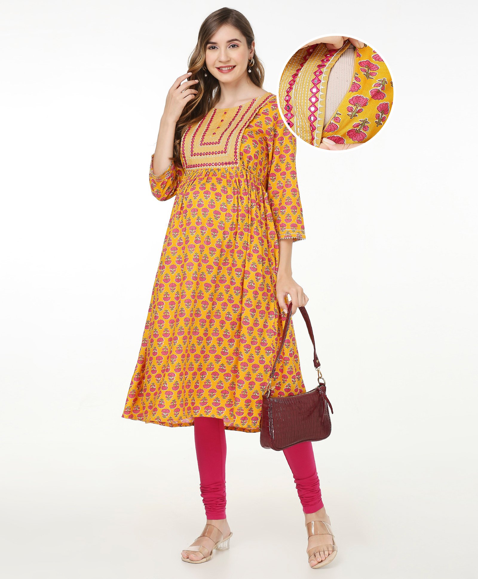 Bella Mama Viscose Woven Three Fourth Sleeves Printed With Embroidered Yoke Maternity Kurta with Pocket - Yellow-picture-39