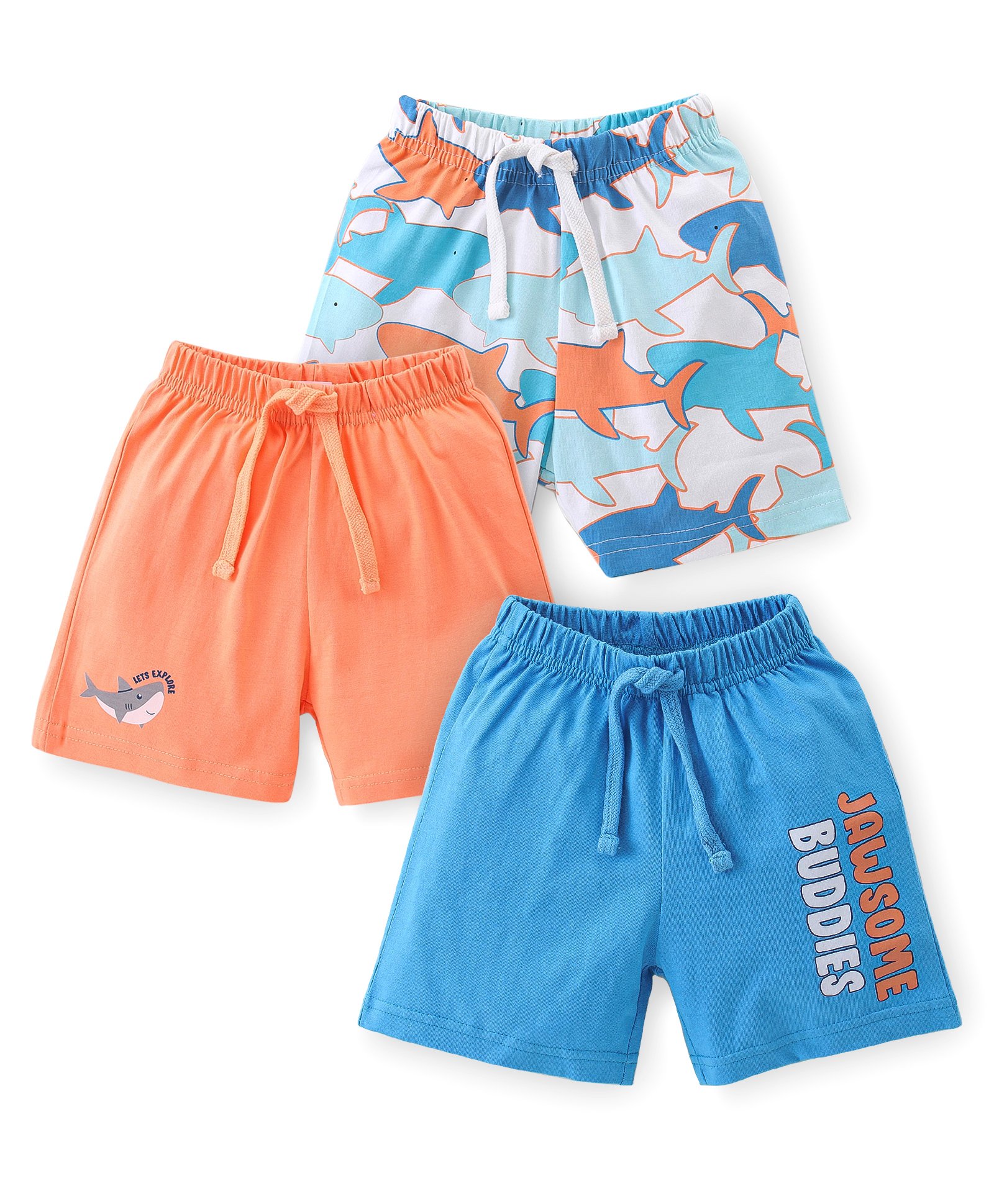 Babyhug Cotton Knit Shorts with Shark & Text Print Pack of 3 - Multicolour-image-38