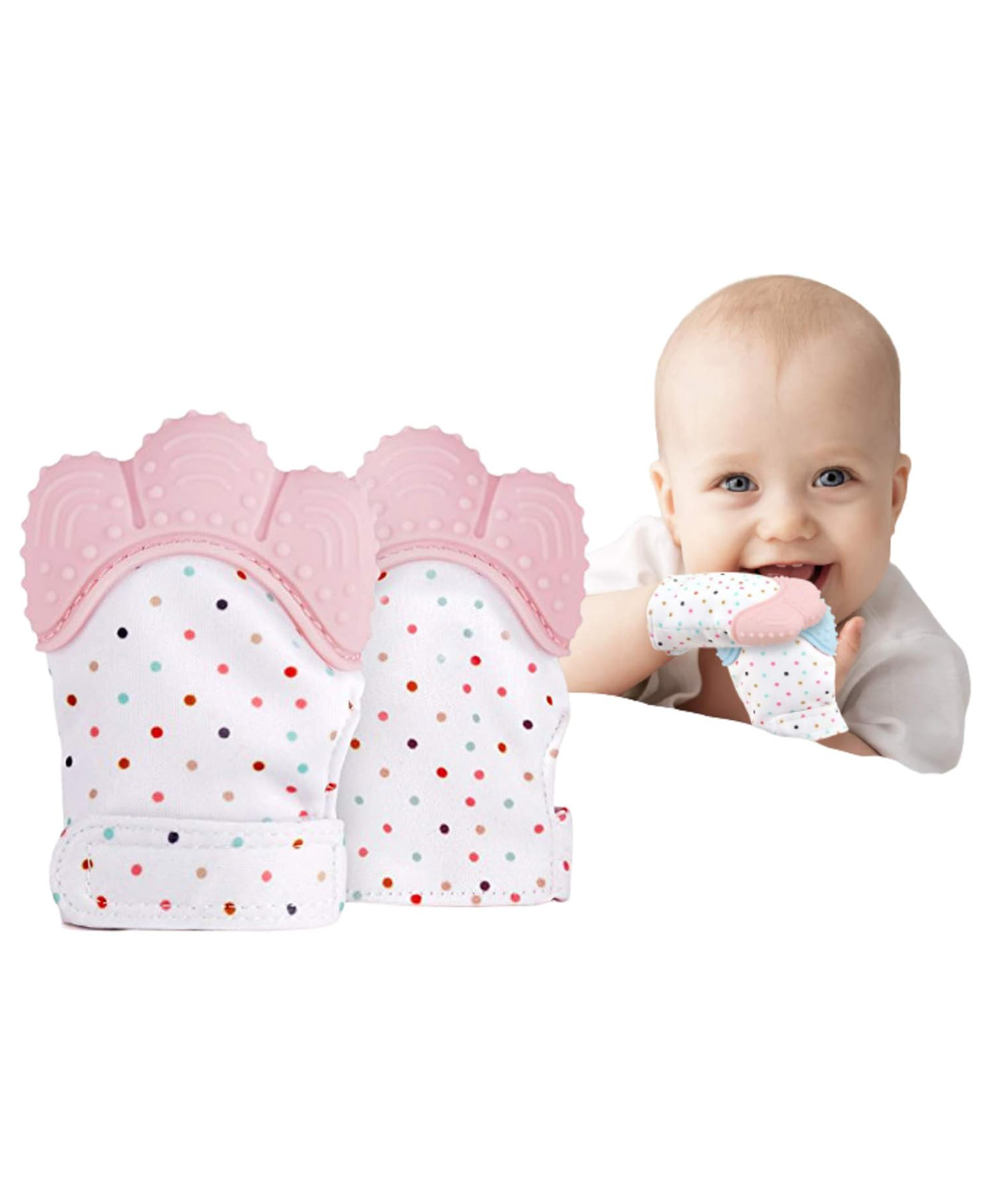 Fantasy India Silicone Teether Mitten Glove Polka Dot Print - Pink pack of 2-picture-26