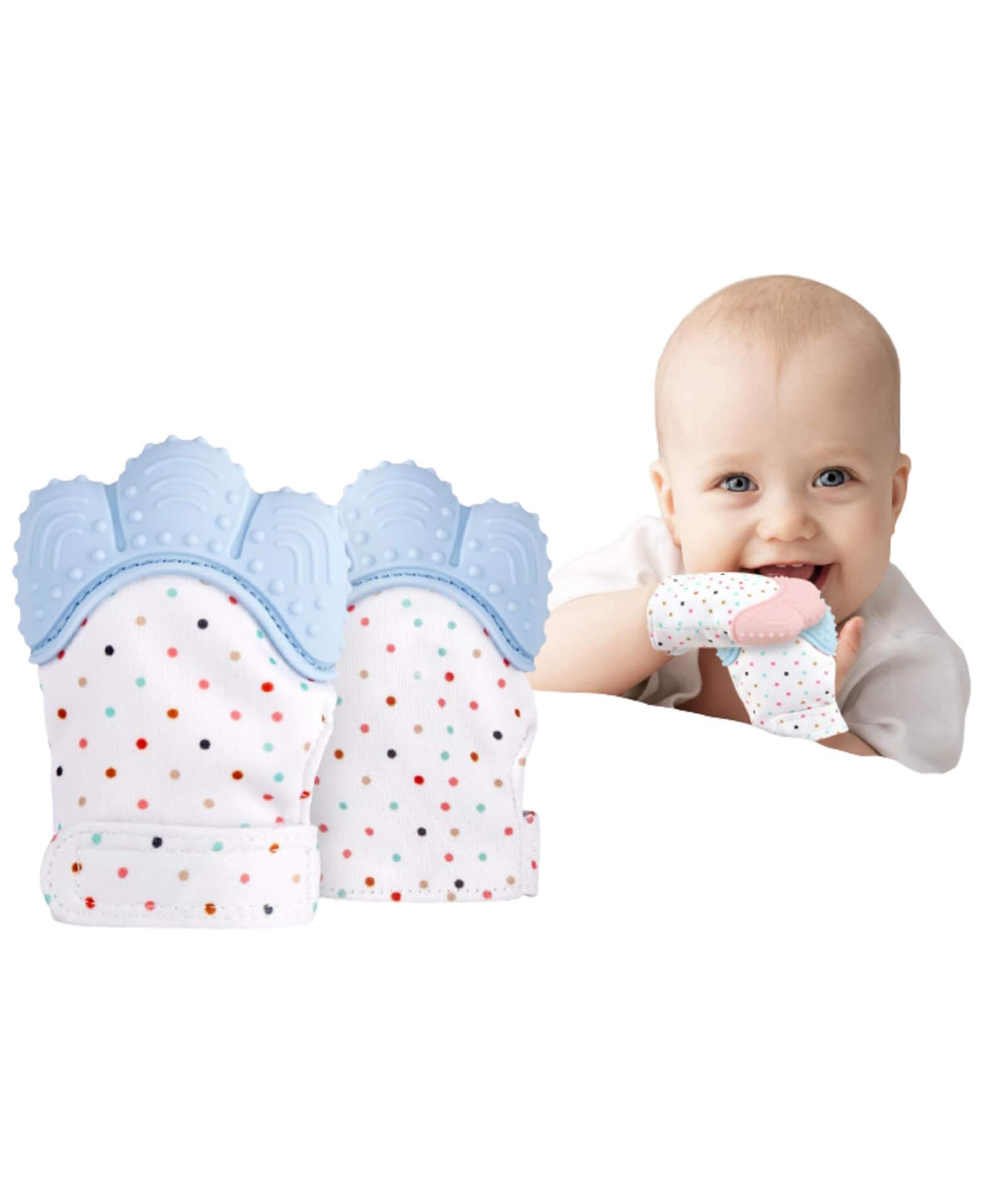 Fantasy India Silicone Teether Mitten Glove Polka Dot Print - Blue pack of 2-picture-23