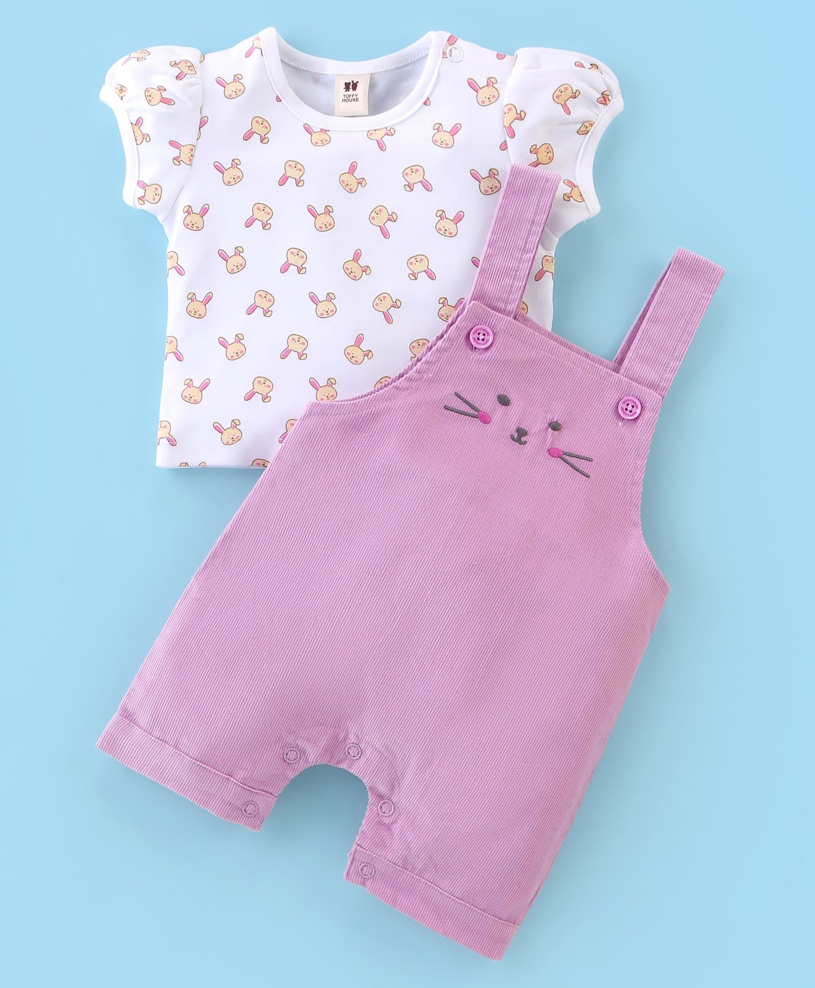 ToffyHouse Cotton Half Sleeves T-Shirt with Dungaree Bunny Print - Blush-image-6