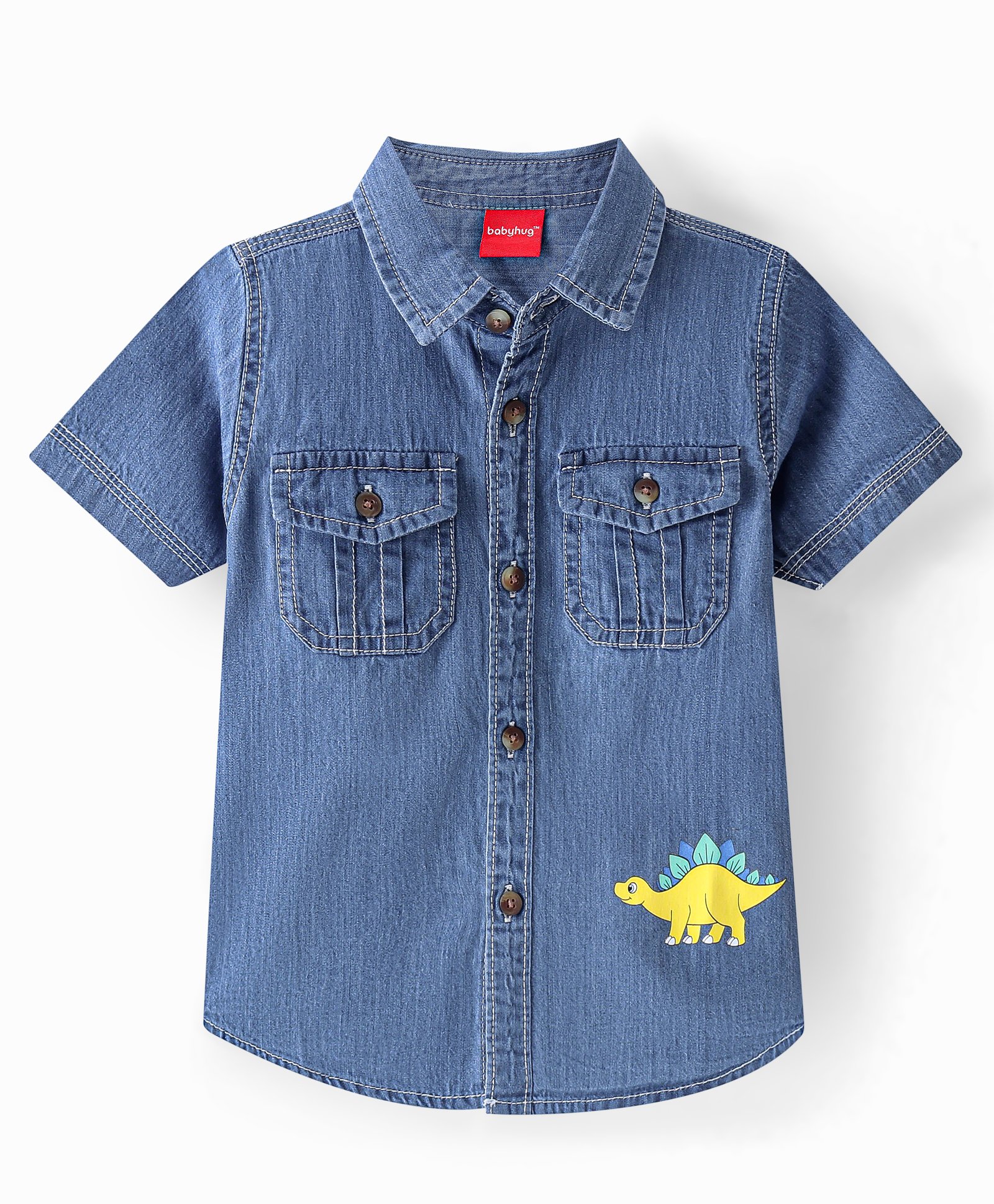 Babyhug Cotton Woven Half Sleeves Regular Collar Dino Printed Denim Shirt - Mid Blue-picture-28