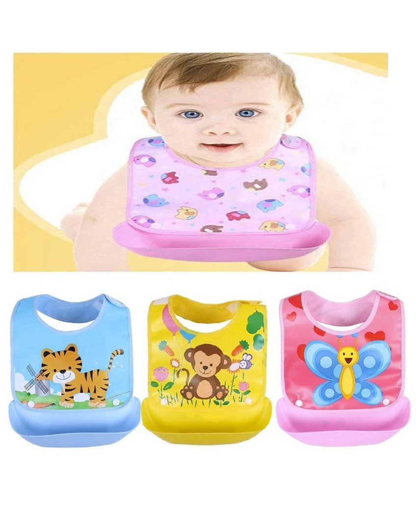 BabyGo Silicone Baby Detachable Waterproof Apron Bibs Pack Of 3 - Multicolor-picture-37