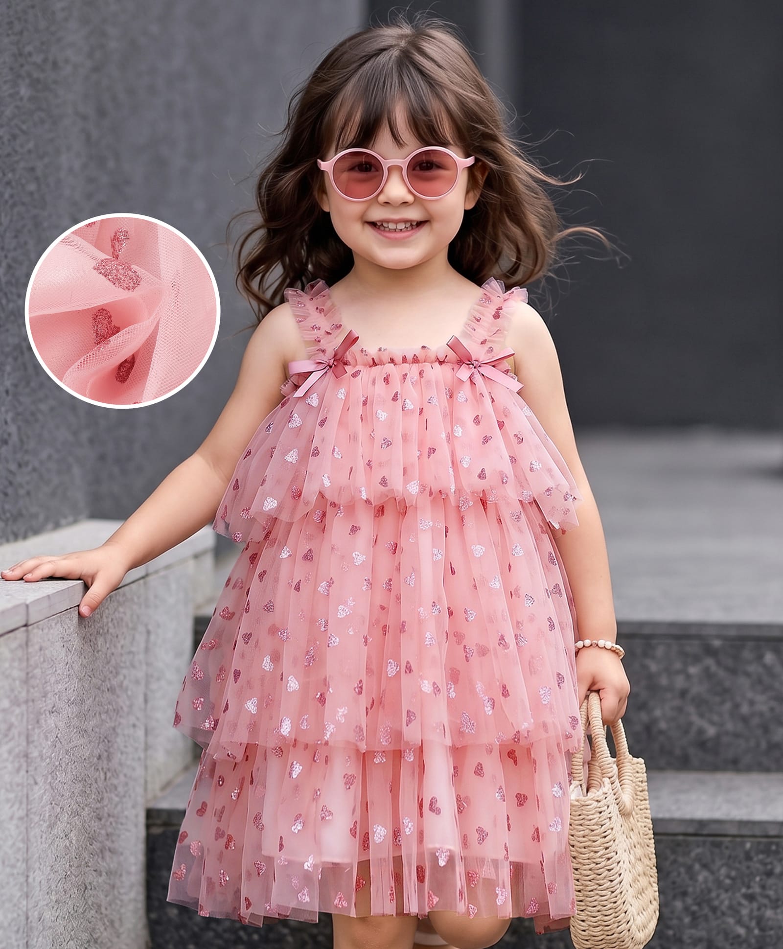 Kookie Kids Sleeveless Layered Party Frock with Glitter Heart Print Bow Applique - Pink-image-28